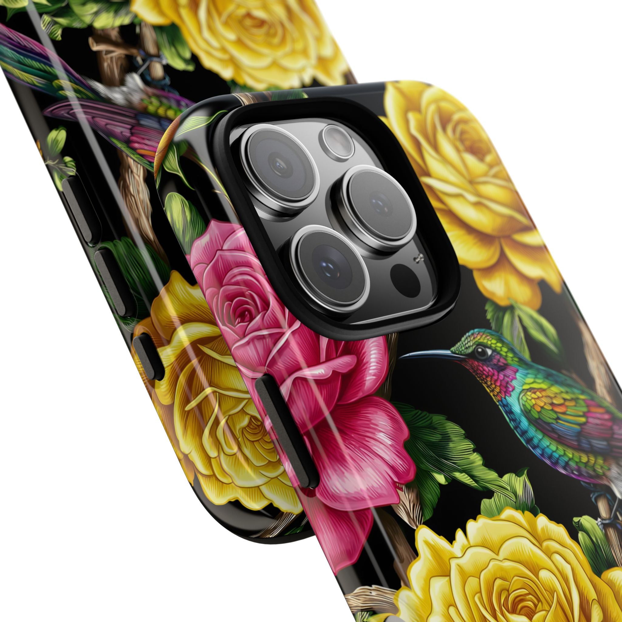 Cover iPhone Robusta Colibrì Floreale | Protezione Vibrante da Giardino Rosa e Giallo
