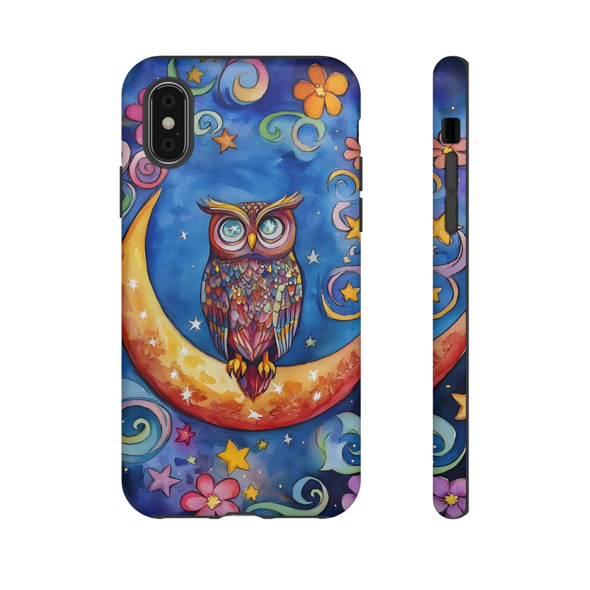 Owl on Crescent Moon iPhone Case — Colourful Whimsical Night Sky Design