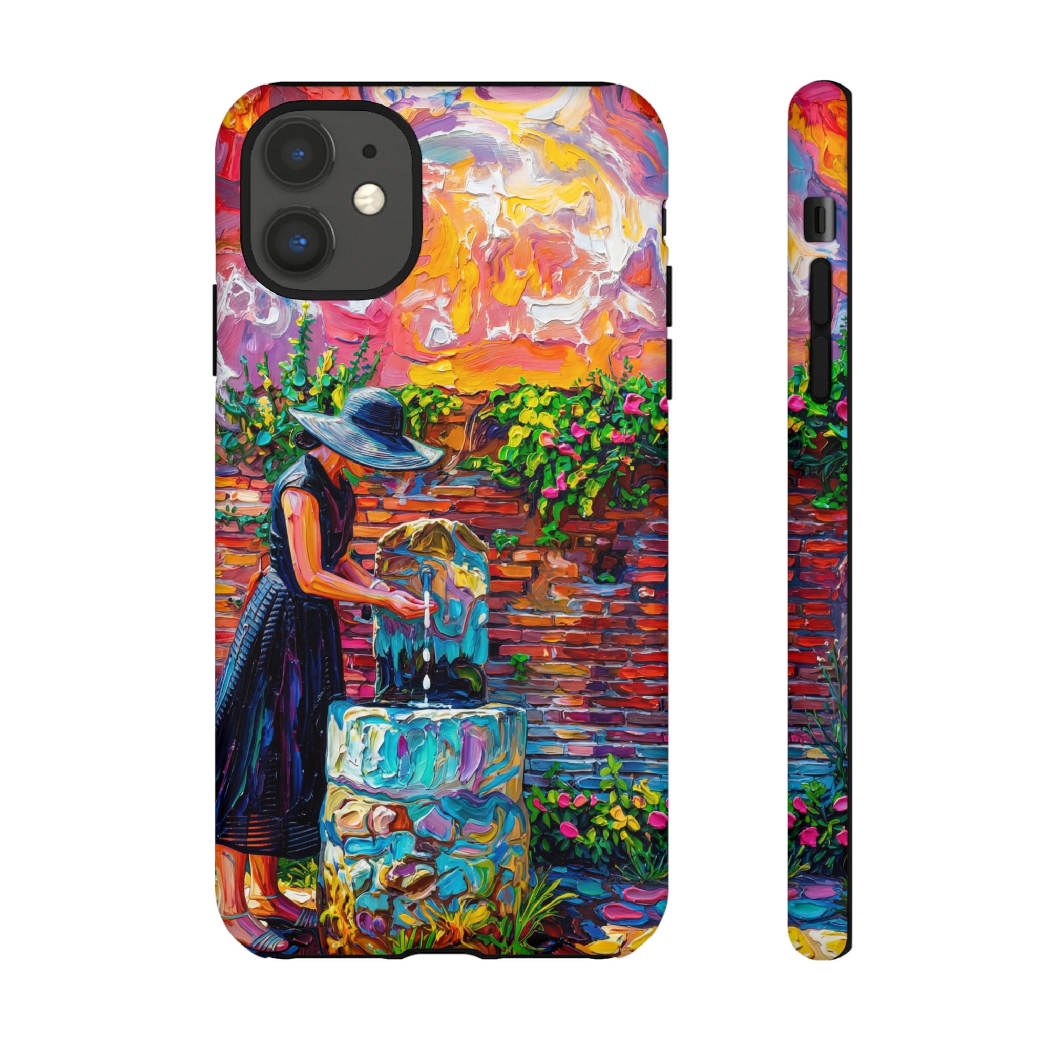 Artistic Garden iPhone Case | Woman at Fountain Colourful Painterly Design