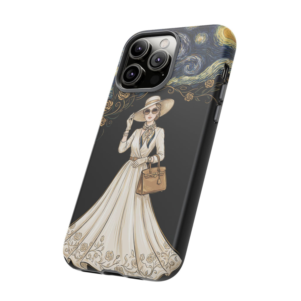 Vintage Starry Night Fashion iPhone Case | Elegant Lady in White Dress