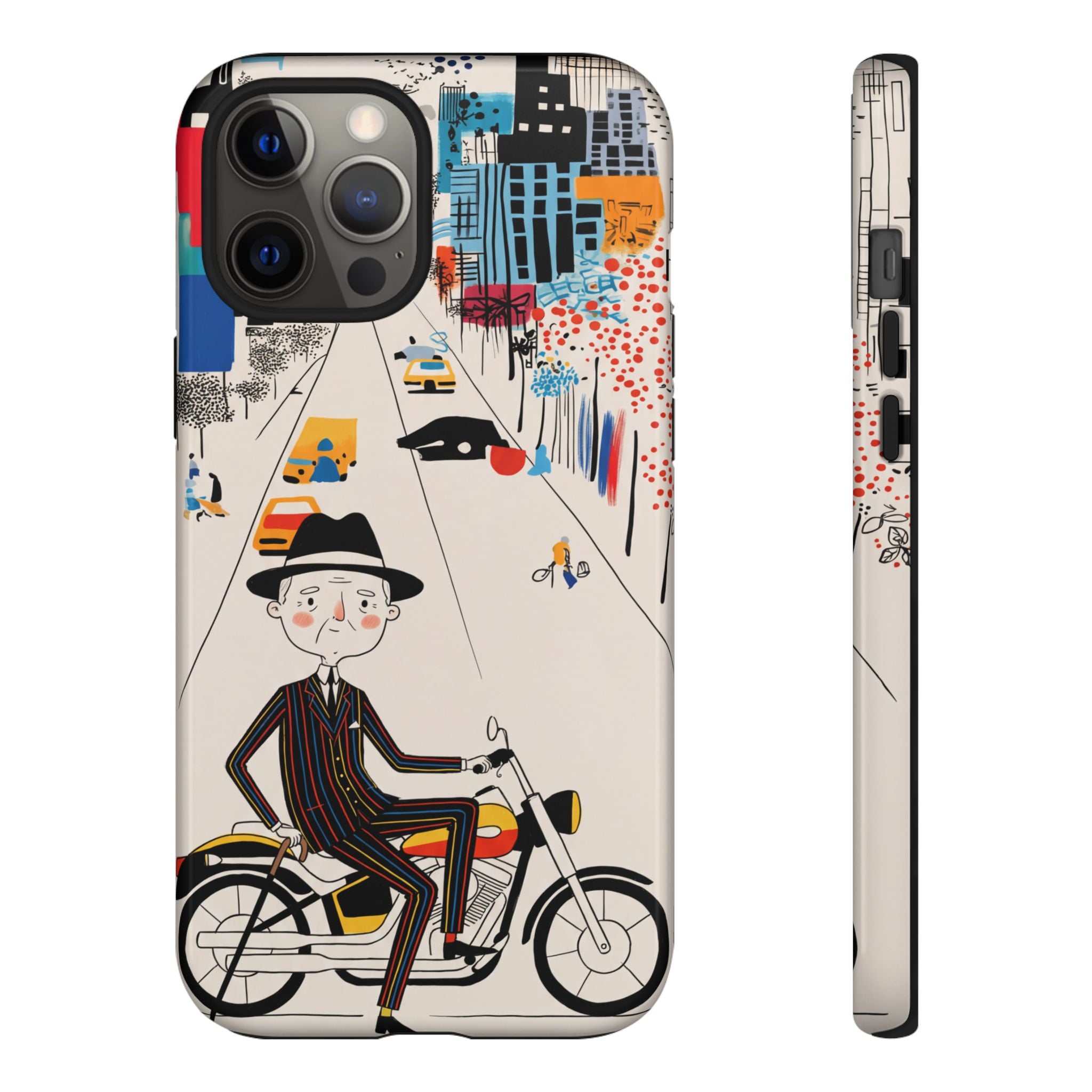 Vintage Grandpa Rider Motorcycle iPhone Case | Illustrated Cityscape