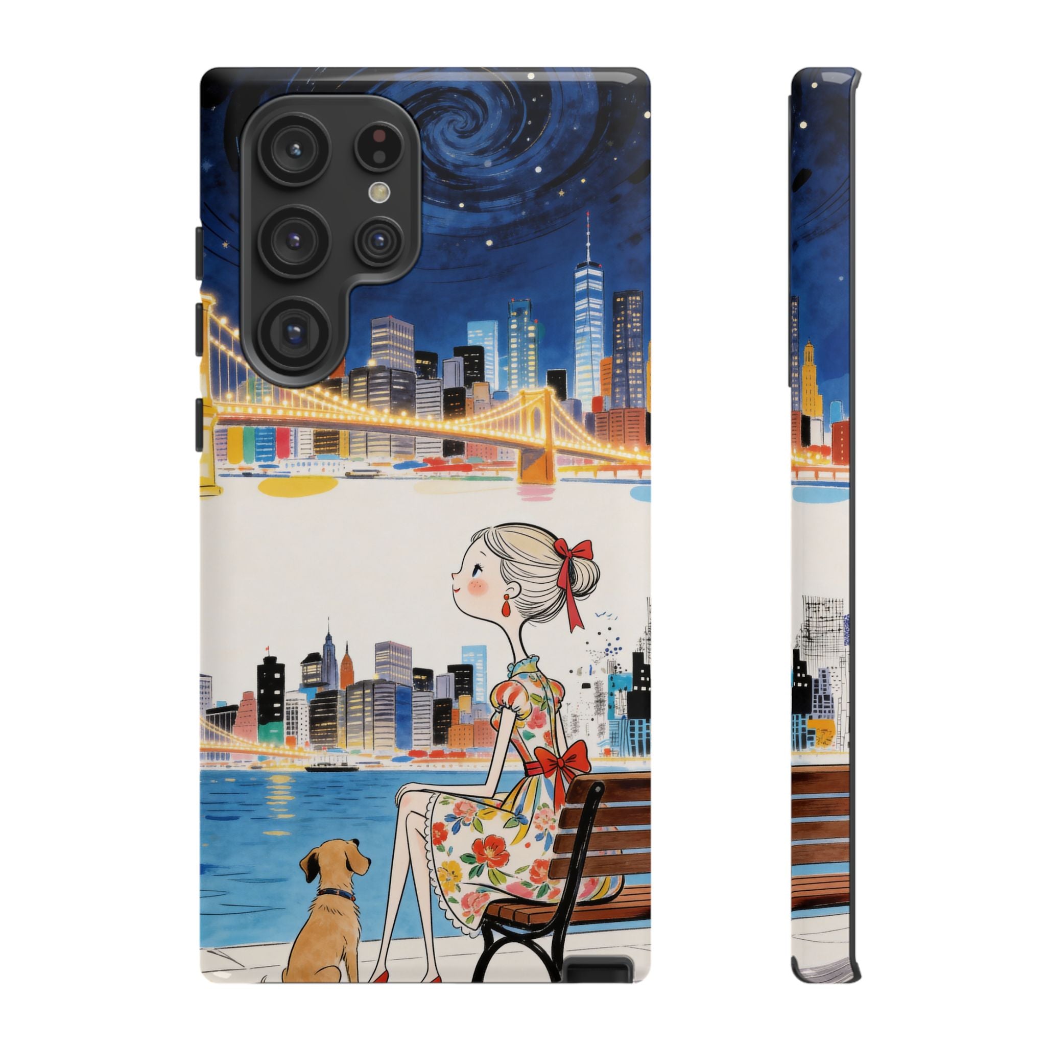 City Night Samsung Galaxy Phone Case | Cute Girl & Dog Bench Illustration