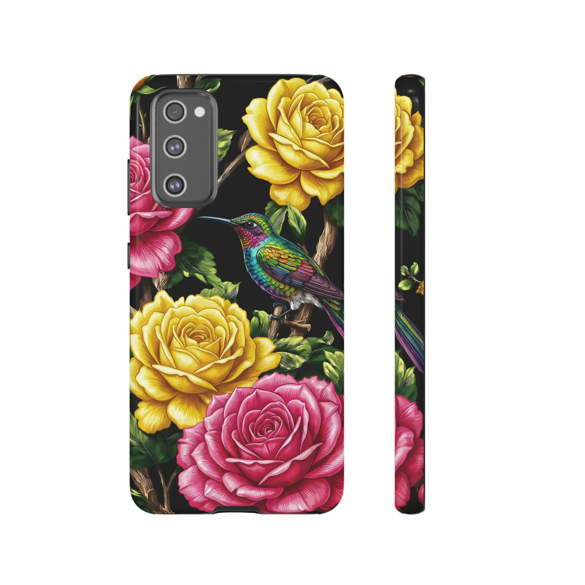 Floral Hummingbird Tough Samsung Galaxy Phone Case | Vibrant Rose & Yellow Garden Protection