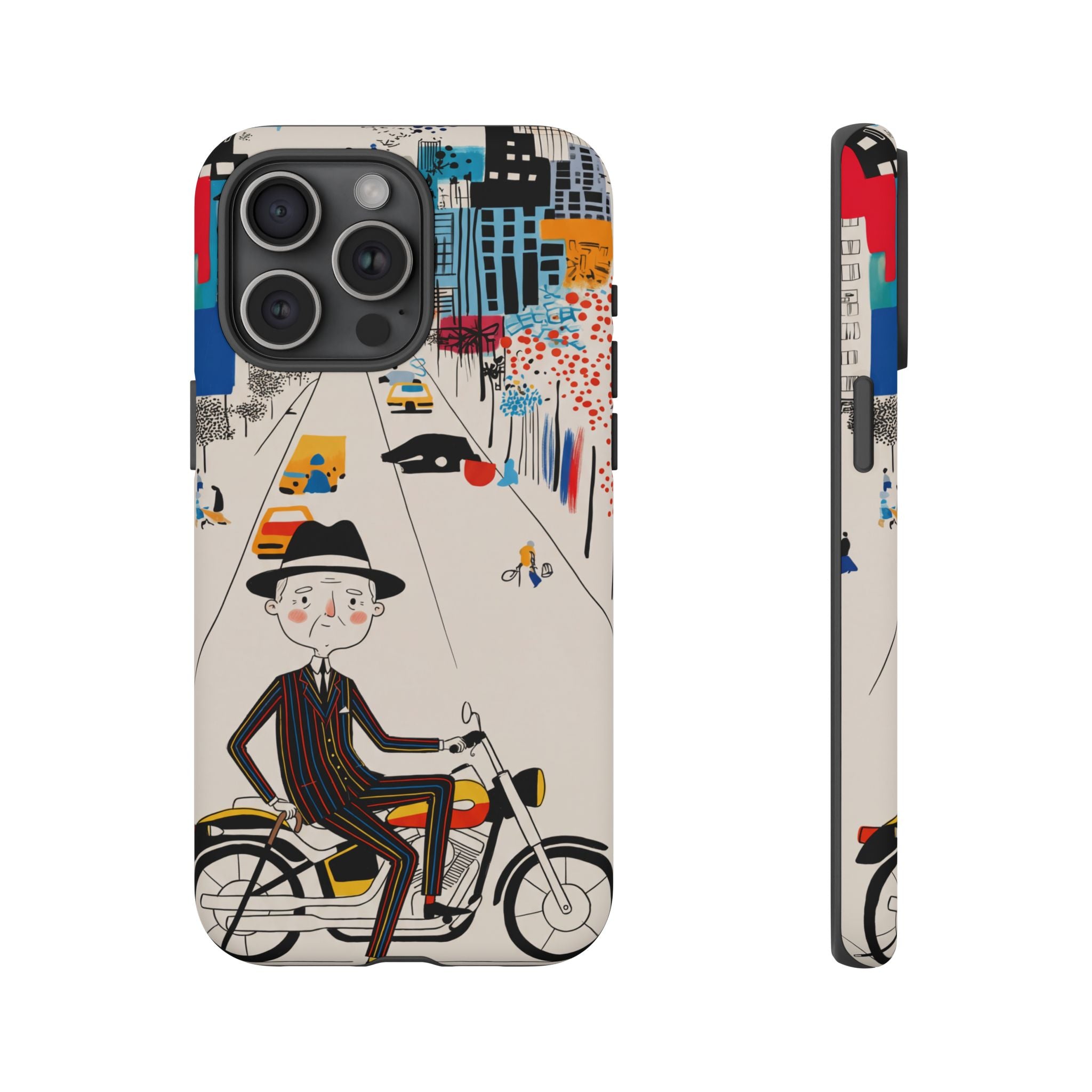 Vintage Grandpa Rider Motorcycle iPhone Case | Illustrated Cityscape
