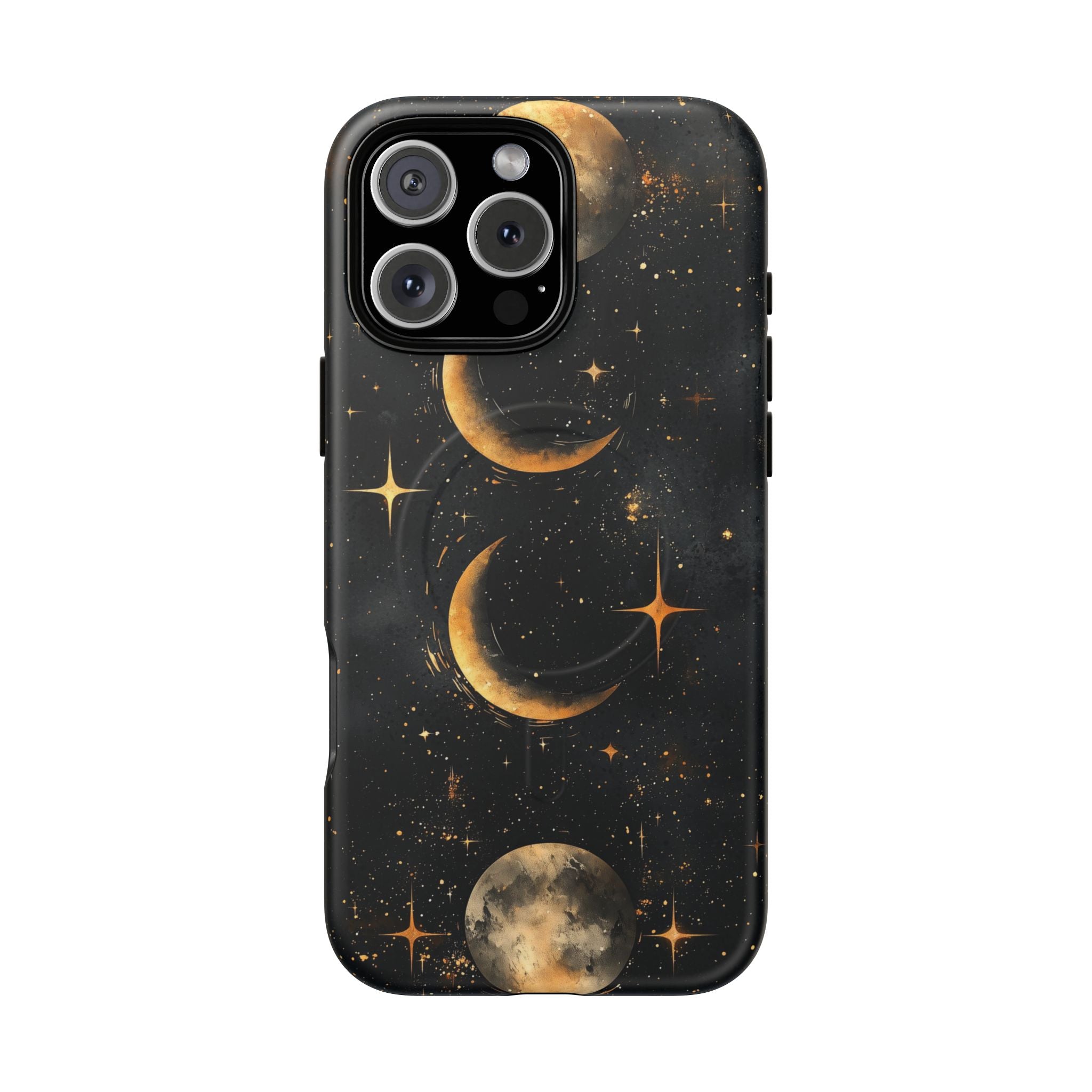 Custodia rigida MagSafe per iPhone con fasi lunari celestiali | Design a forma di galassia con mezzaluna dorata e luna piena