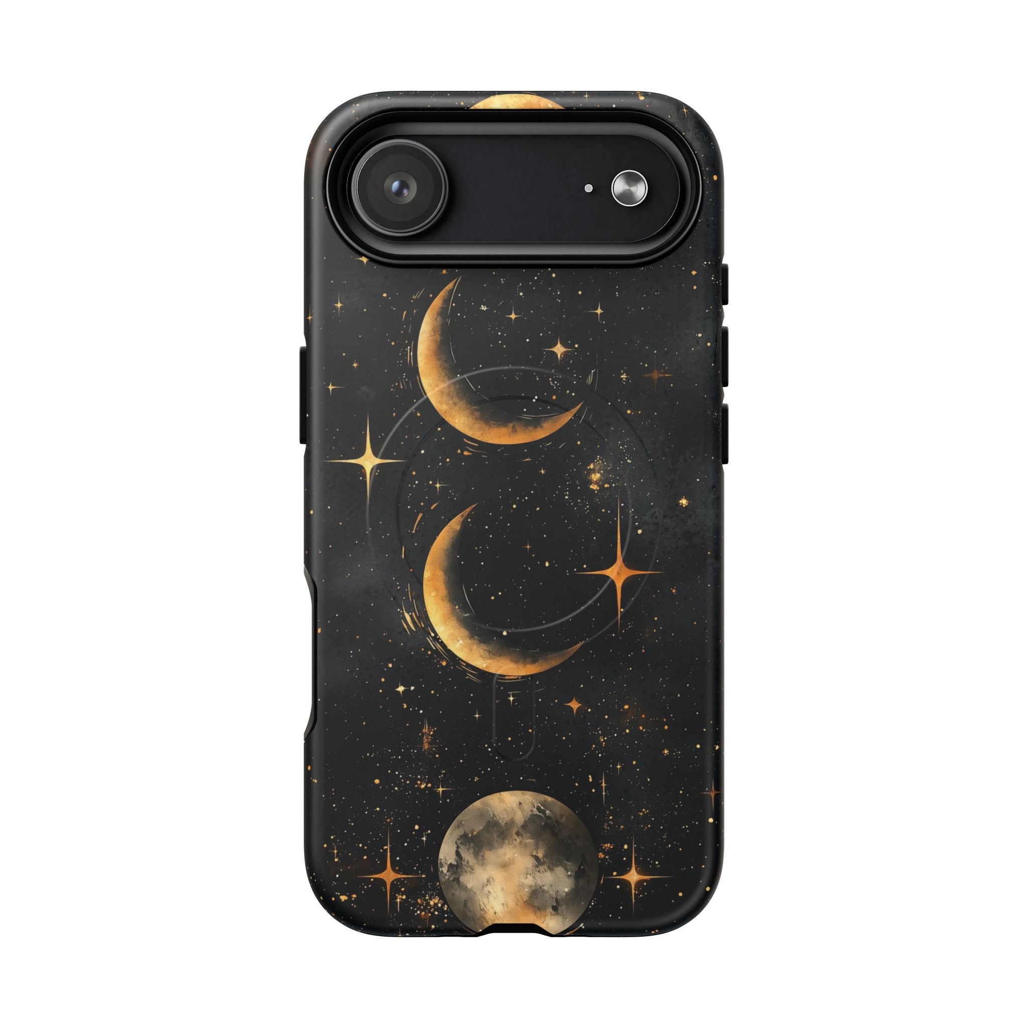 Custodia rigida MagSafe per iPhone con fasi lunari celestiali | Design a forma di galassia con mezzaluna dorata e luna piena