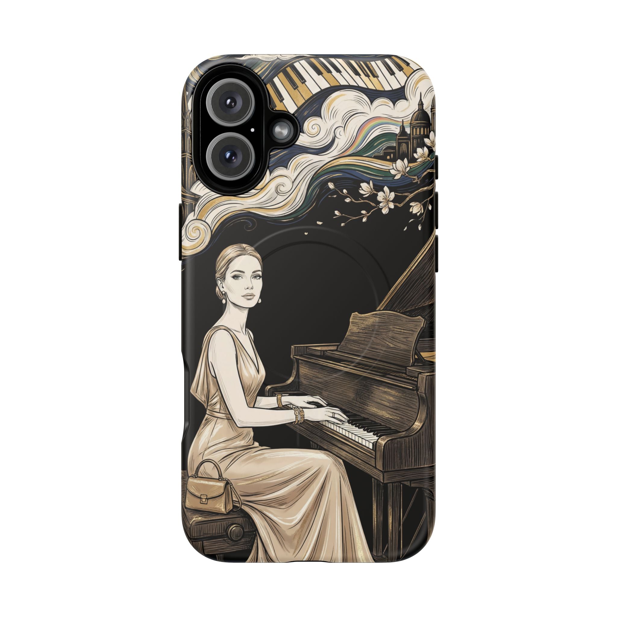 Elegant Piano Woman MagSafe iPhone Case | Vintage Art Deco Music Design
