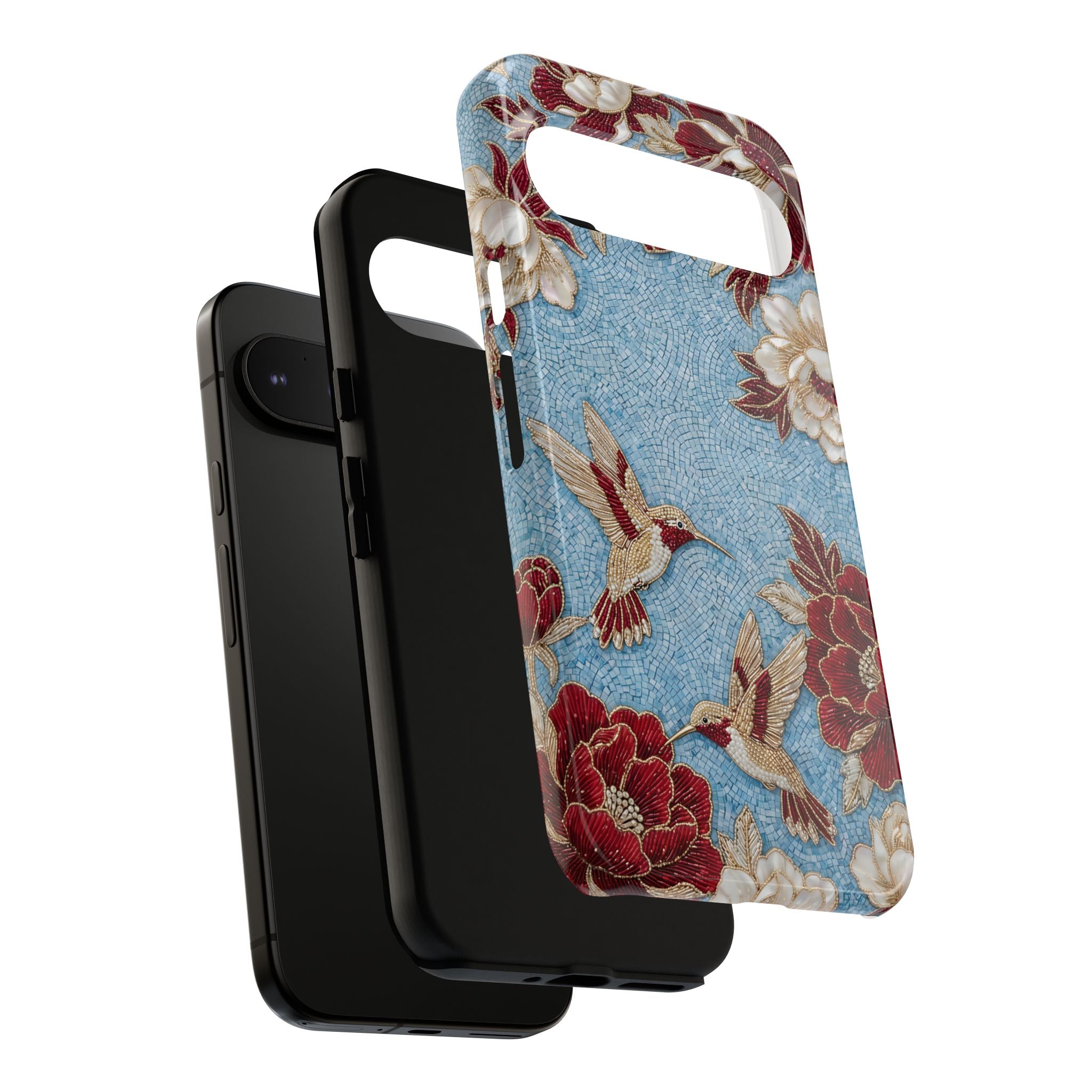 Floral Hummingbird Tough Google Pixel Phone Case | Vintage Blue & Burgundy Botanical Design