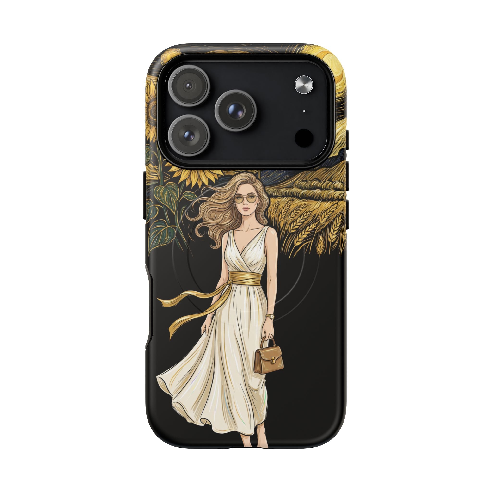 Sunflower Night MagSafe iPhone Case | Woman in Flowing Dress Van Gogh Style