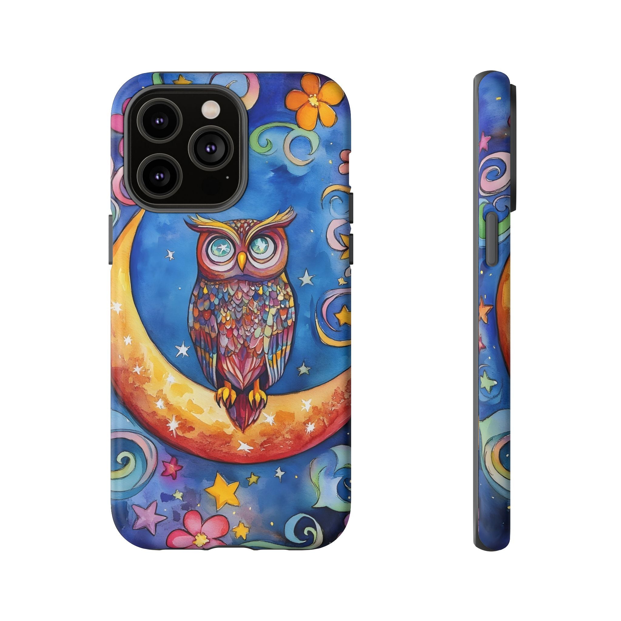 Owl on Crescent Moon iPhone Case — Colourful Whimsical Night Sky Design