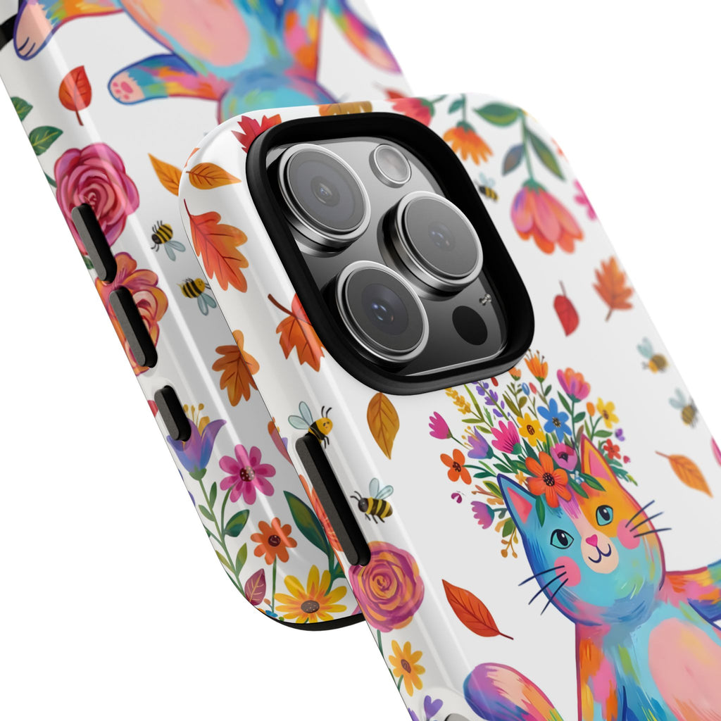 Custodia protettiva per iPhone con gatto floreale colorato su Pilates Reformer