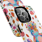 Custodia protettiva per iPhone con gatto floreale colorato su Pilates Reformer