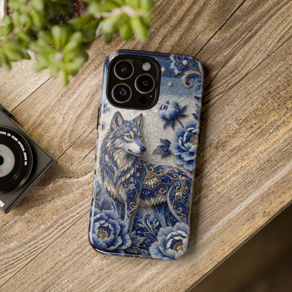 Blue Floral Wolf Tough iPhone Case | Moonlit Wolf Protective Cover