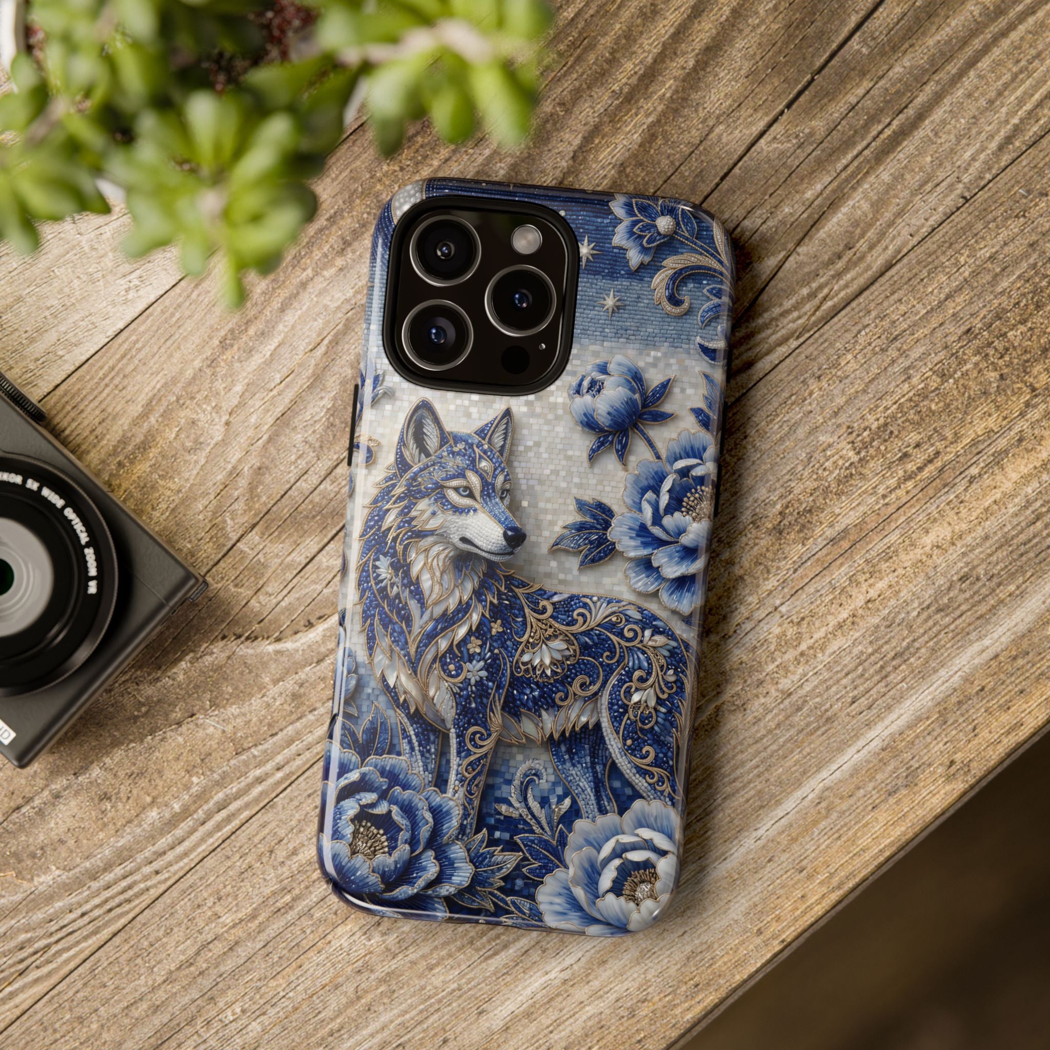 Blue Floral Wolf Tough iPhone Case | Moonlit Wolf Protective Cover