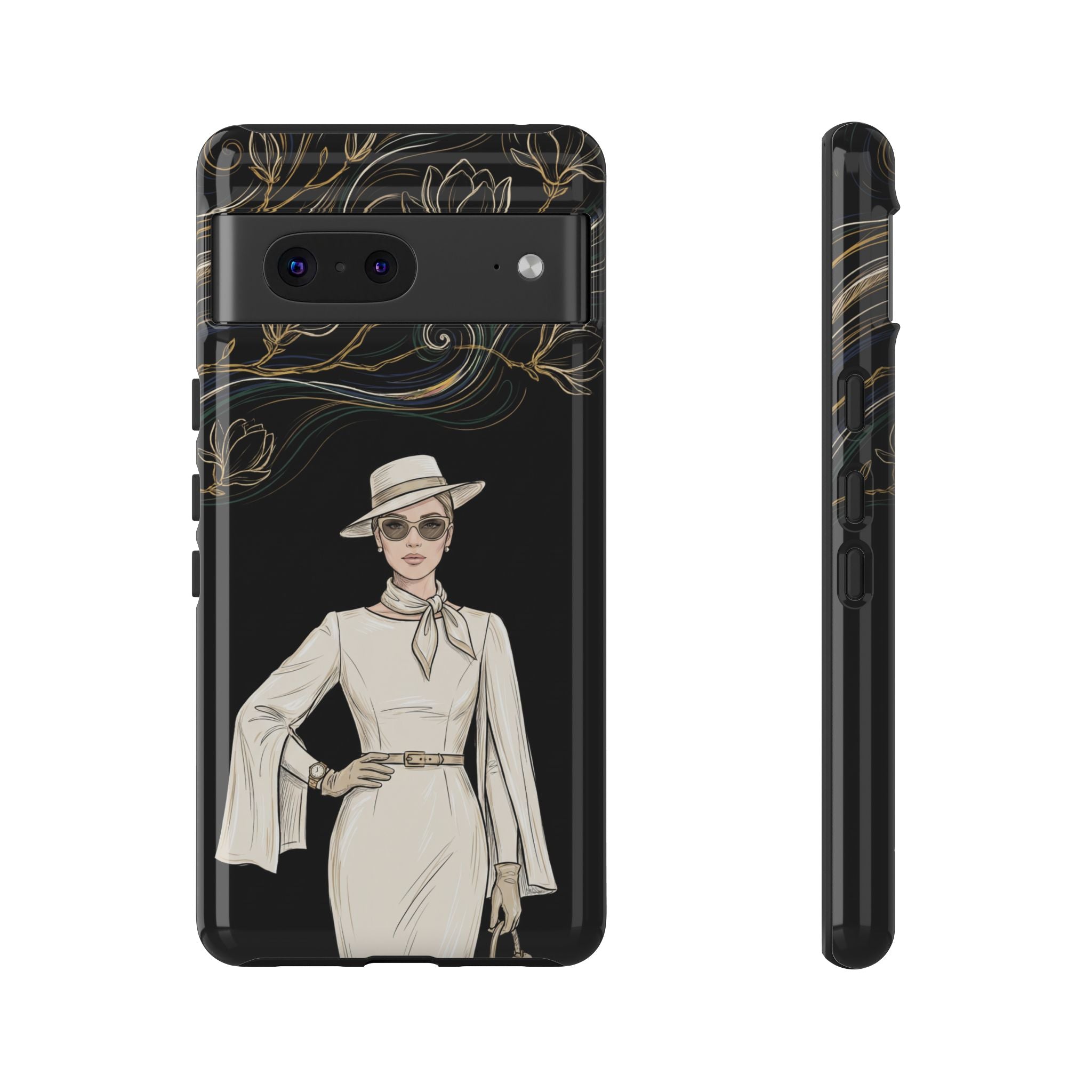Google Pixel Phone Case | Elegant Vintage Lady with Gold Floral Swirls