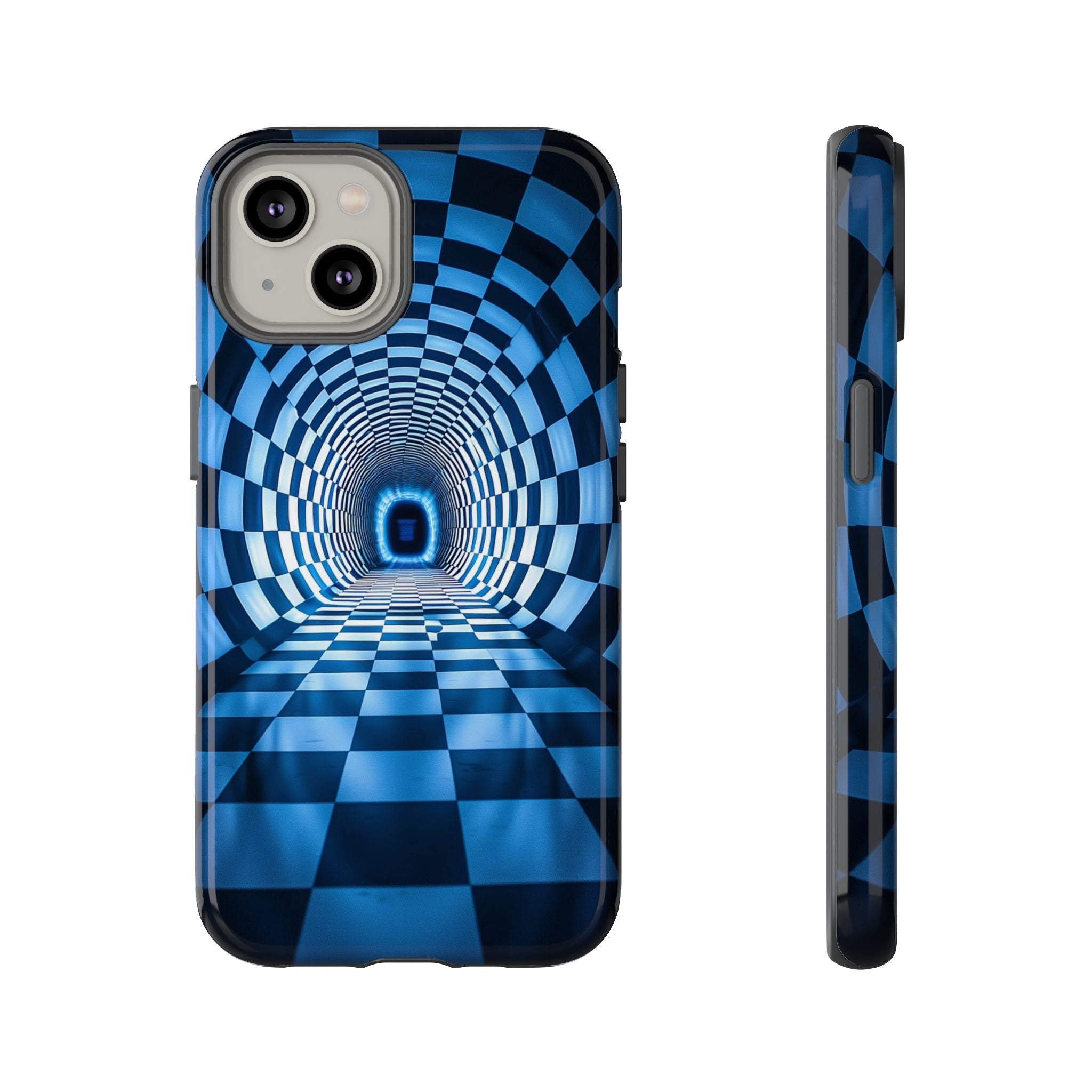 Blue Checkered Tunnel iPhone Case — 3D Optical Illusion Tough Case