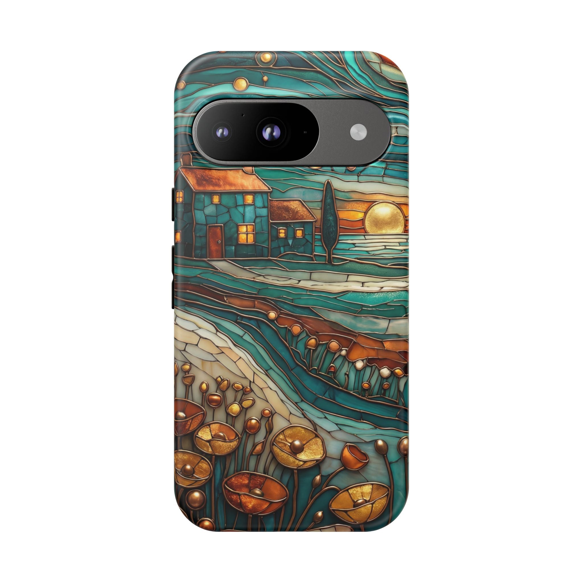 Artistic Sunset Cottage Google Pixel Case | Whimsical Floral Landscape Protective Cover
