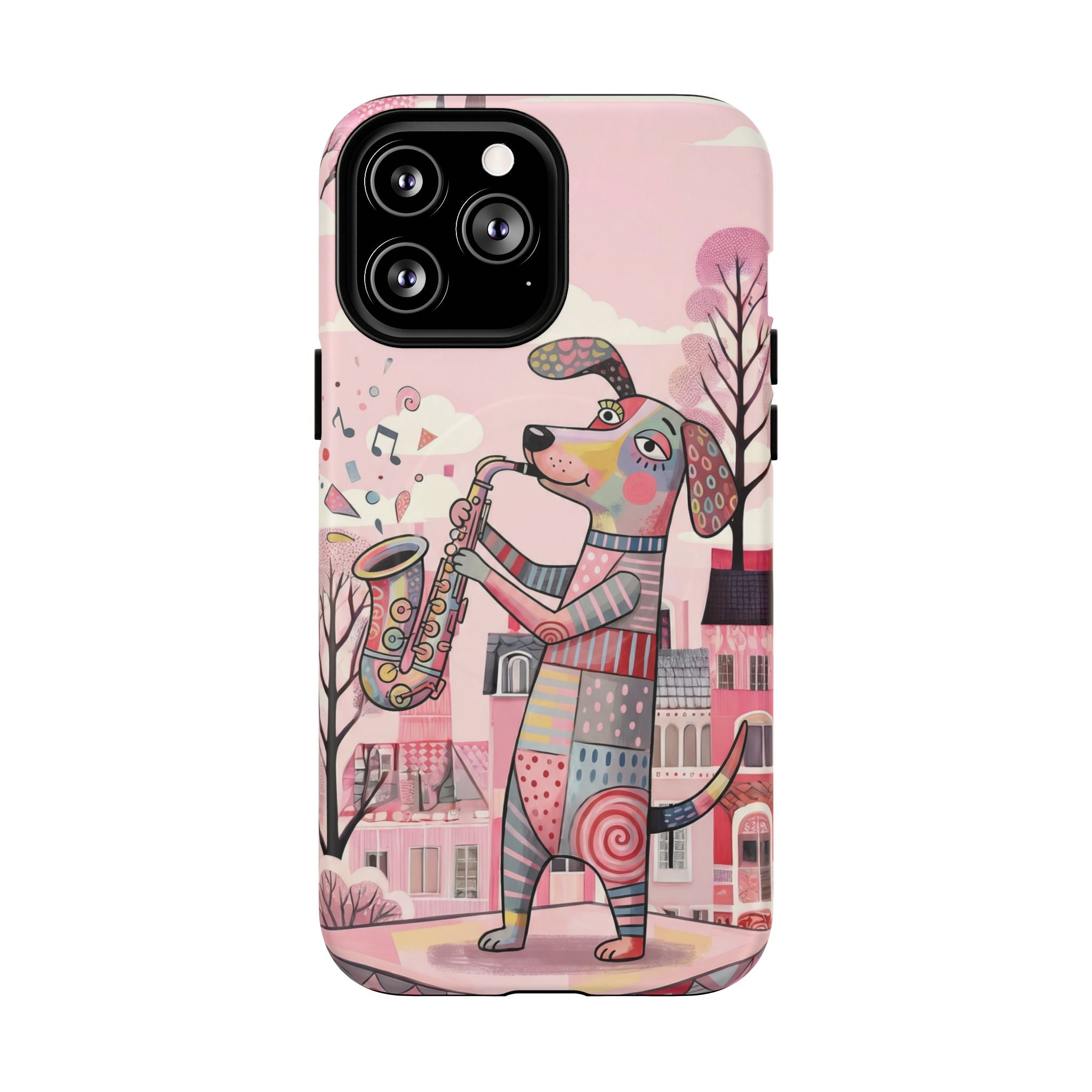 Saxophone Dog MagSafe iPhone Case | Cute Pink Musical Art Protective Case