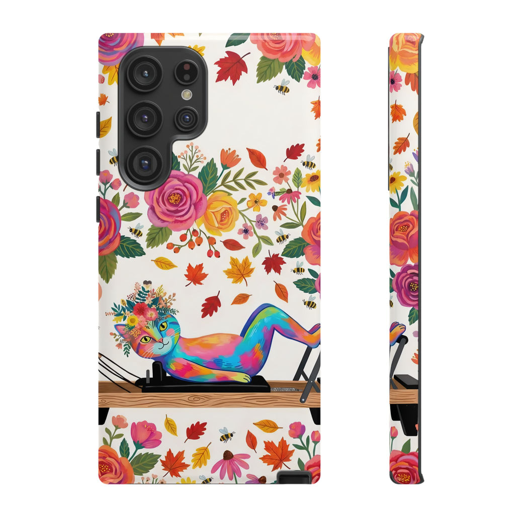 Autumn Floral Pilates Samsung Galaxy Phone Case | Colorful Rainbow Pilates Figure on Falling Leaves