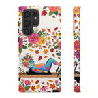 Autumn Floral Pilates Samsung Galaxy Phone Case | Colorful Rainbow Pilates Figure on Falling Leaves
