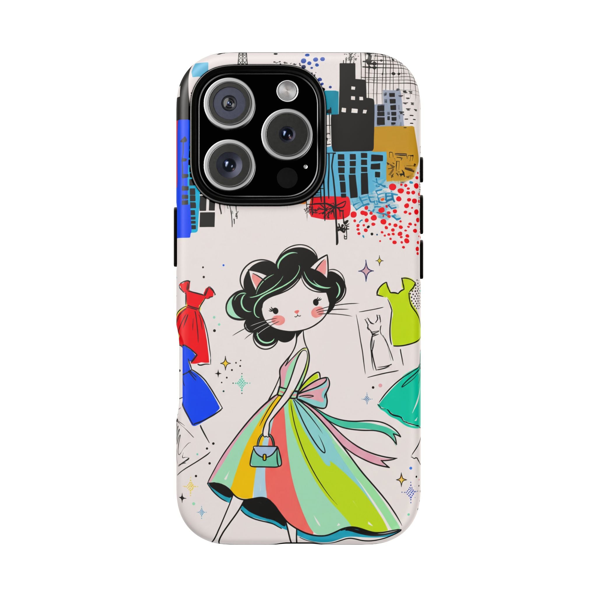 Retro Fashion Cat Girl iPhone Case | Cute Dress & City Print
