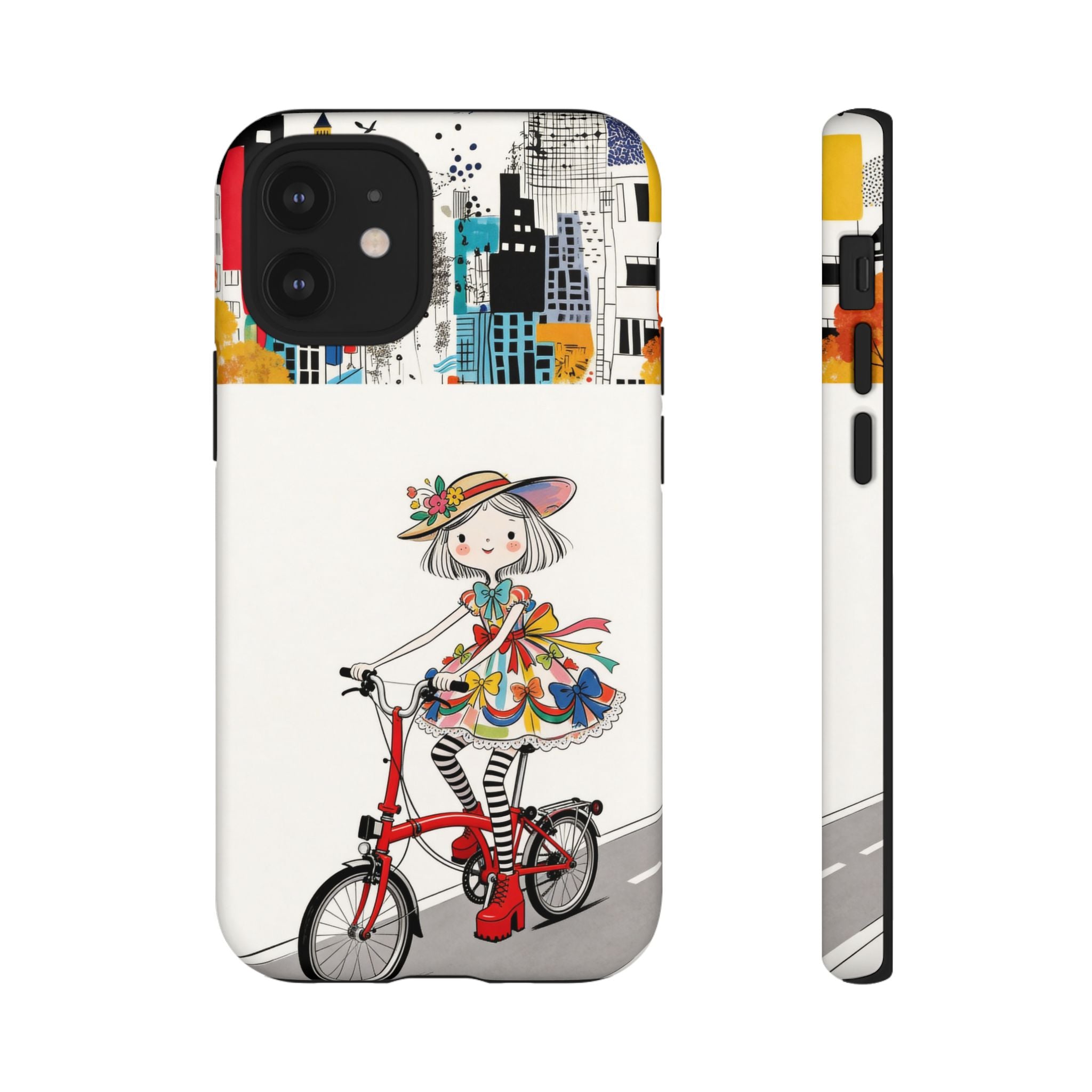 Whimsical Girl on Brompton Bicycle Urban Illustration iPhone Case