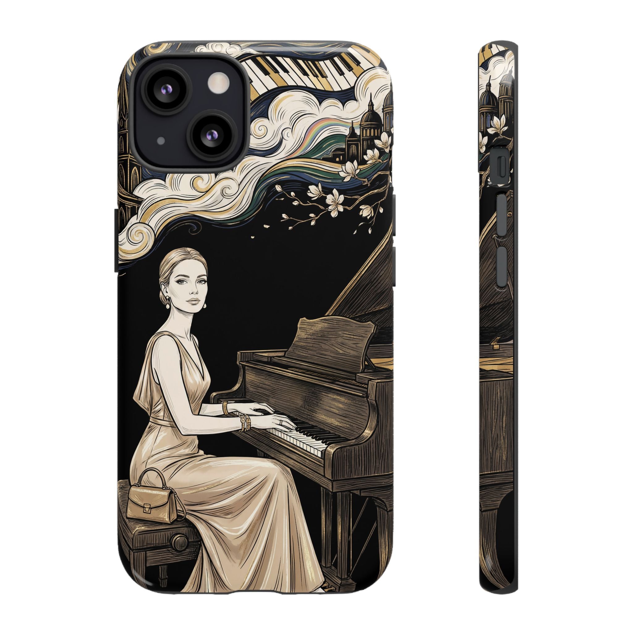 Elegant Piano Woman iPhone Case | Vintage Art Deco Music Design