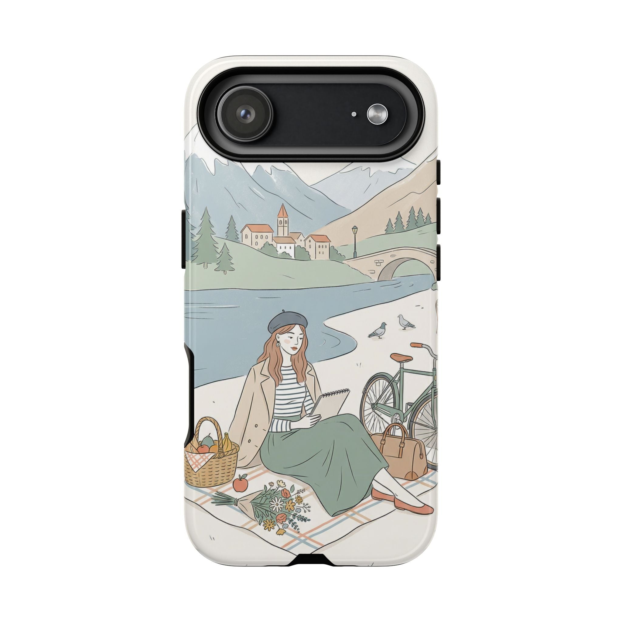 Scenic Picnic iPhone Case | Vintage Bicycle & Mountain Illustration