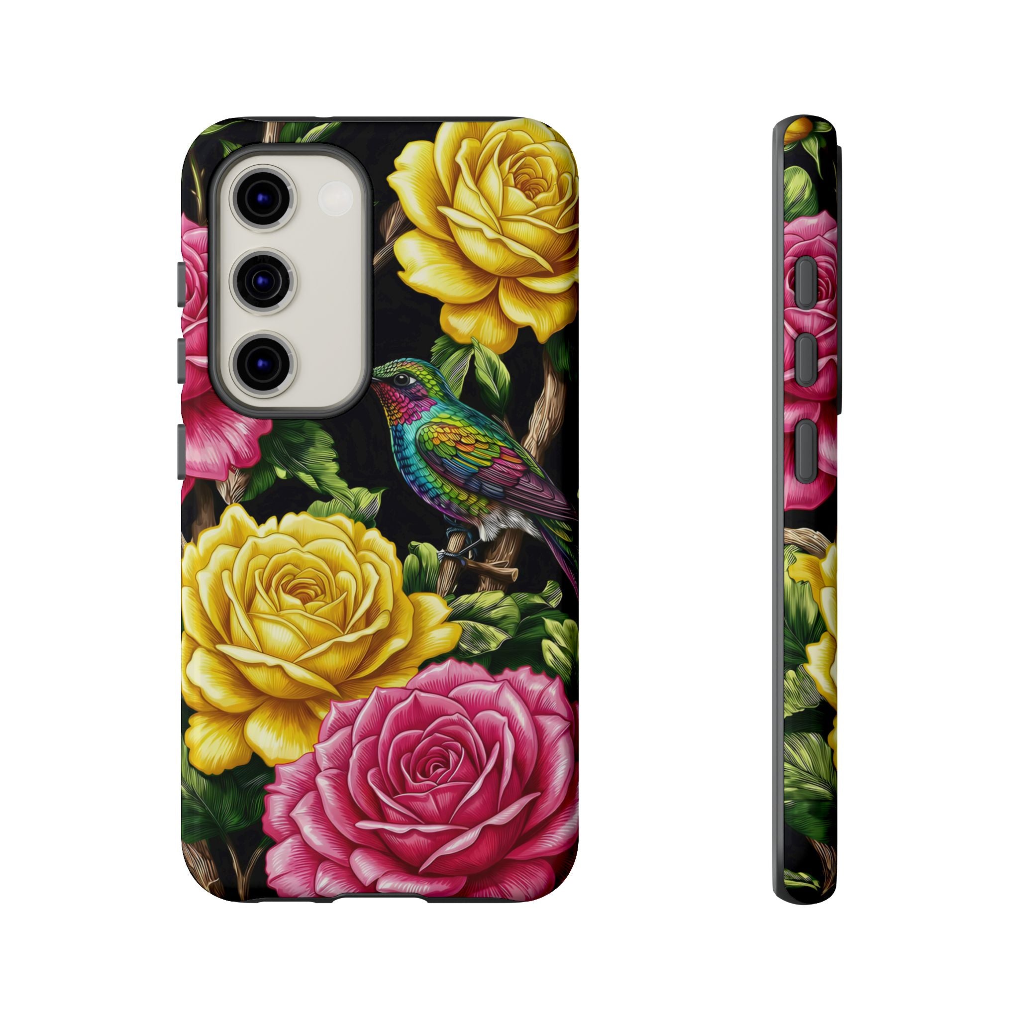 Floral Hummingbird Tough Samsung Galaxy Phone Case | Vibrant Rose & Yellow Garden Protection