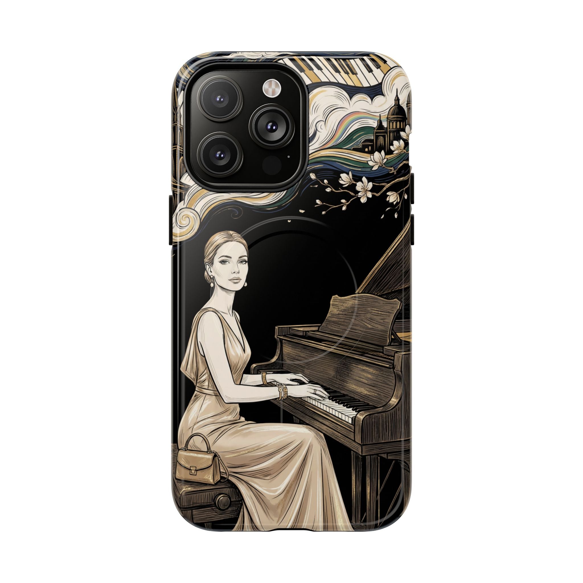 Elegant Piano Woman MagSafe iPhone Case | Vintage Art Deco Music Design