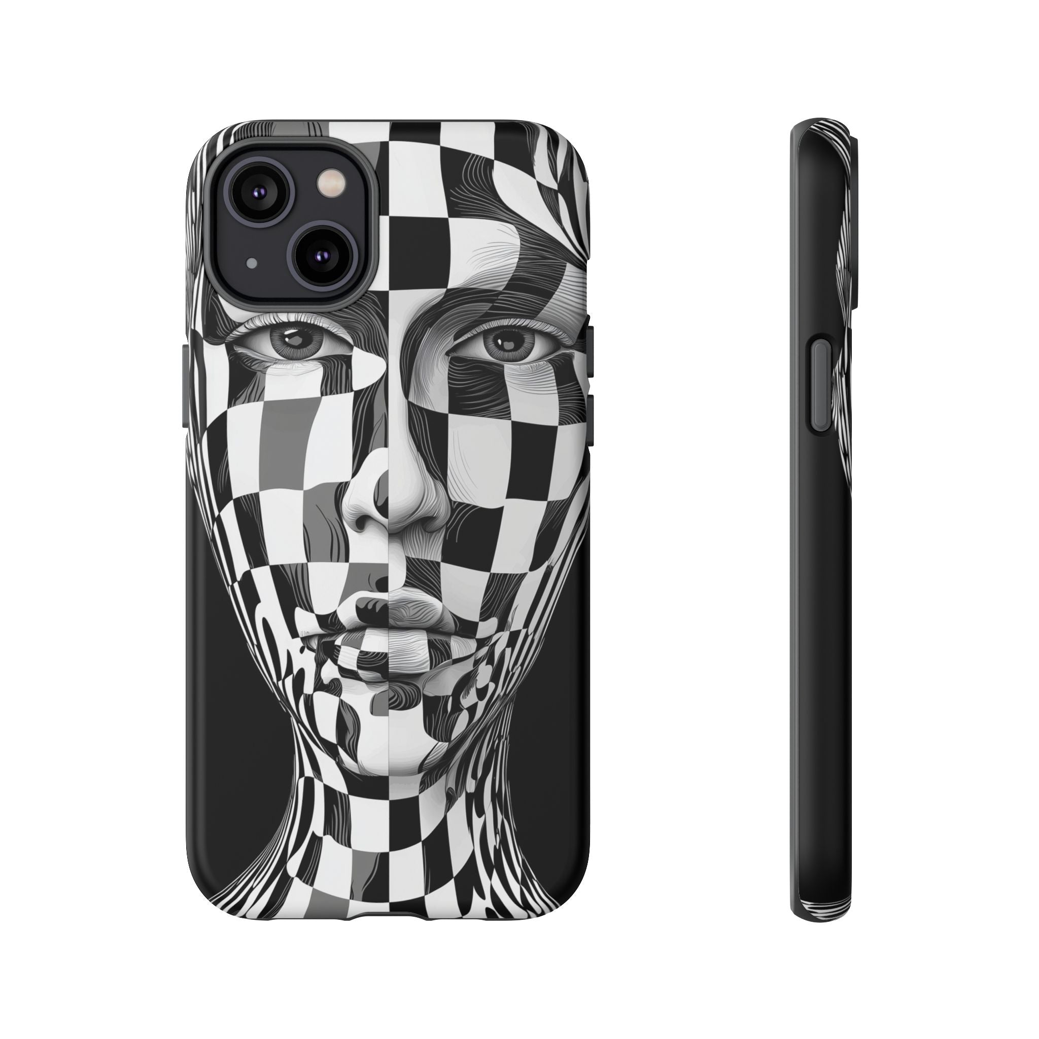Checkerboard Face Tough iPhone Case — Black & White Surreal Art Protective Cover