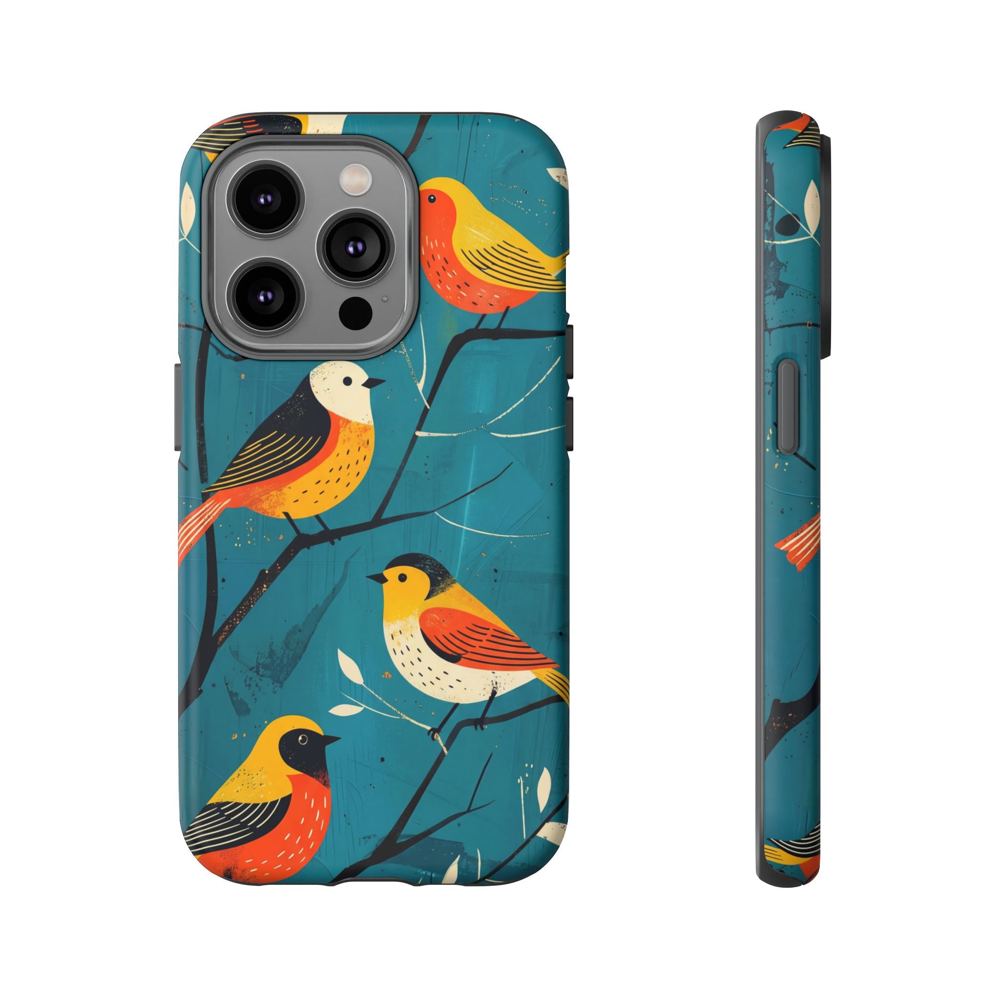Bird Pattern Tough iPhone Case | Colourful Songbirds on Teal Background