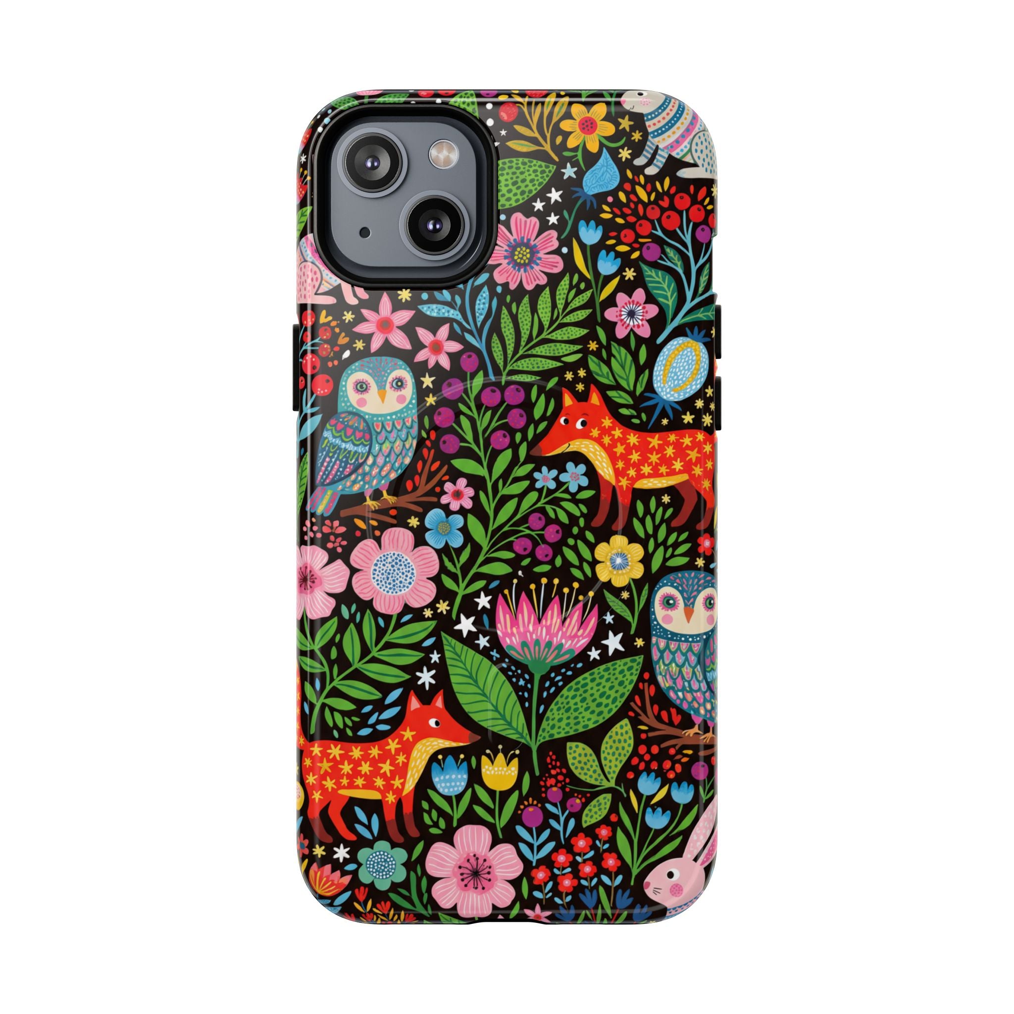 Floral Woodland MagSafe iPhone Case | Colourful Fox & Owl Protective Cover