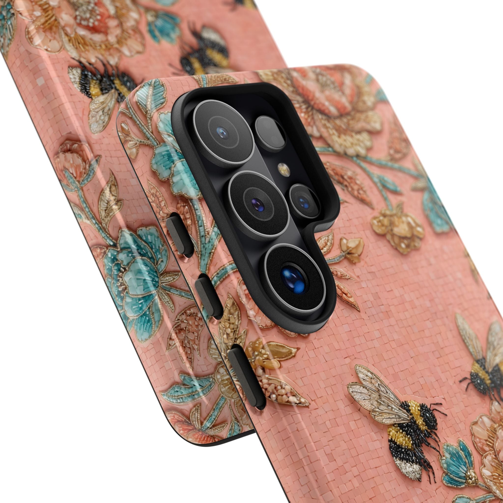 Floral Bee Tough Samsung Galaxy Phone Case | Vintage Pink Garden Protective Cover