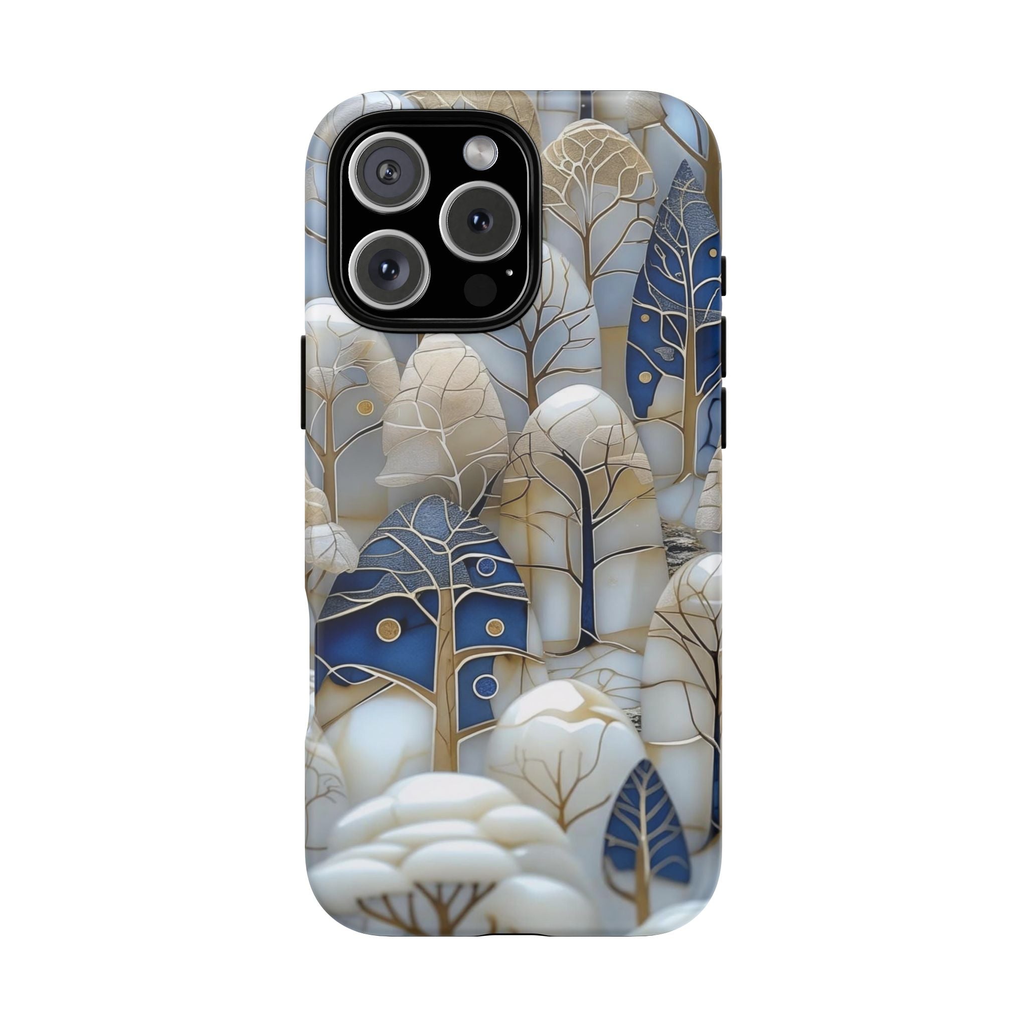 Blue Gold Winter Forest iPhone Case — Elegant Tree Pattern Tough Case