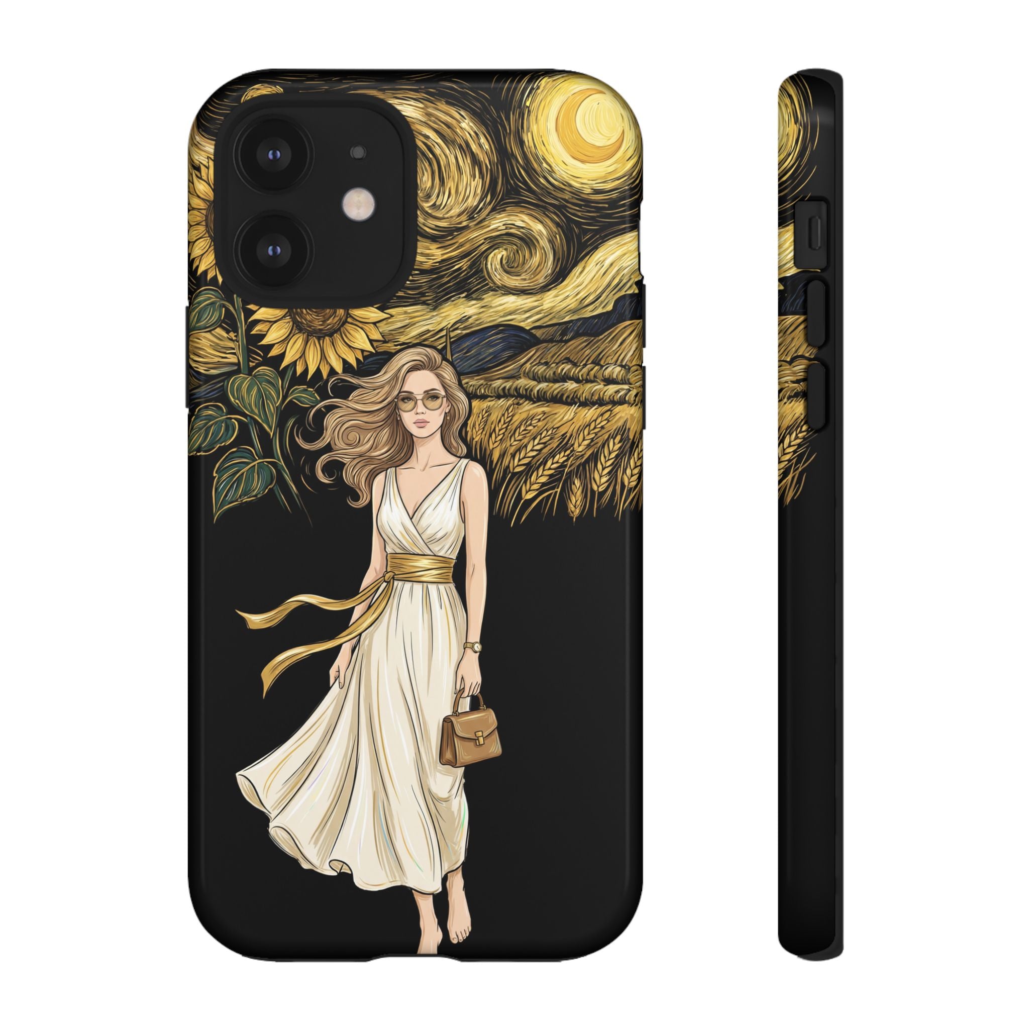 Sunflower Night iPhone Case | Woman in Flowing Dress Van Gogh Style