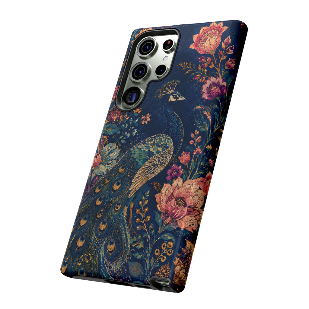Peacock Floral Tough Samsung Galaxy Phone Case | Antique Indigo Gold Art Cover