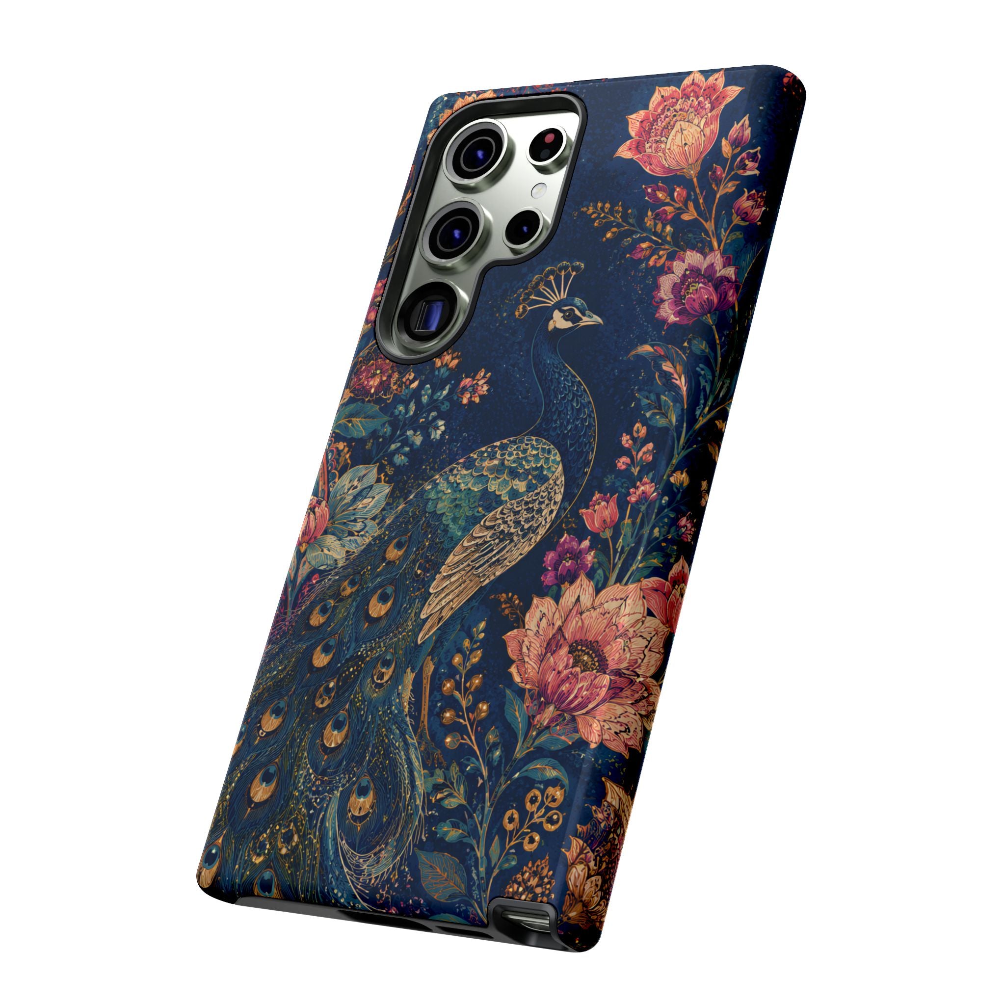 Peacock Floral Tough Samsung Galaxy Phone Case | Antique Indigo Gold Art Cover