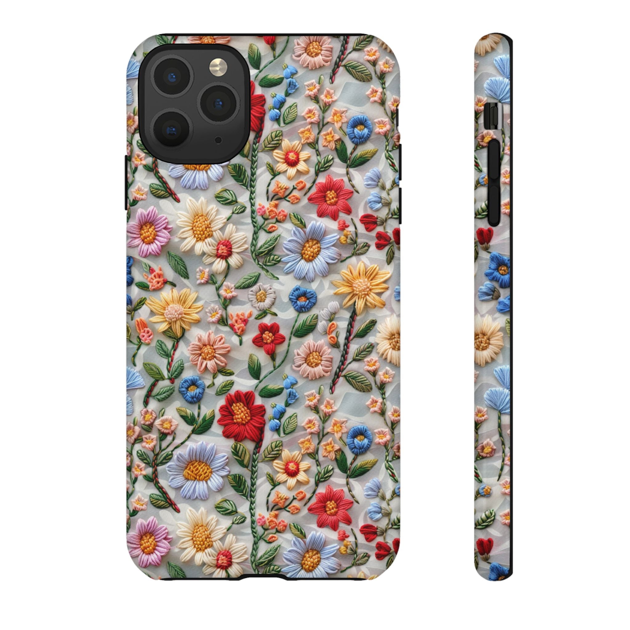 Floral Embroidered Pattern Tough iPhone Case — Colourful Daisy & Wildflower Design
