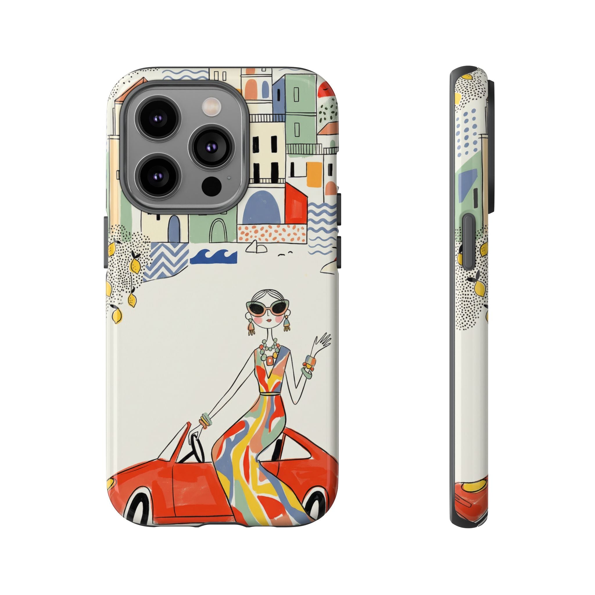 Stylish Riviera iPhone Case | Chic Retro Woman in Convertible Design