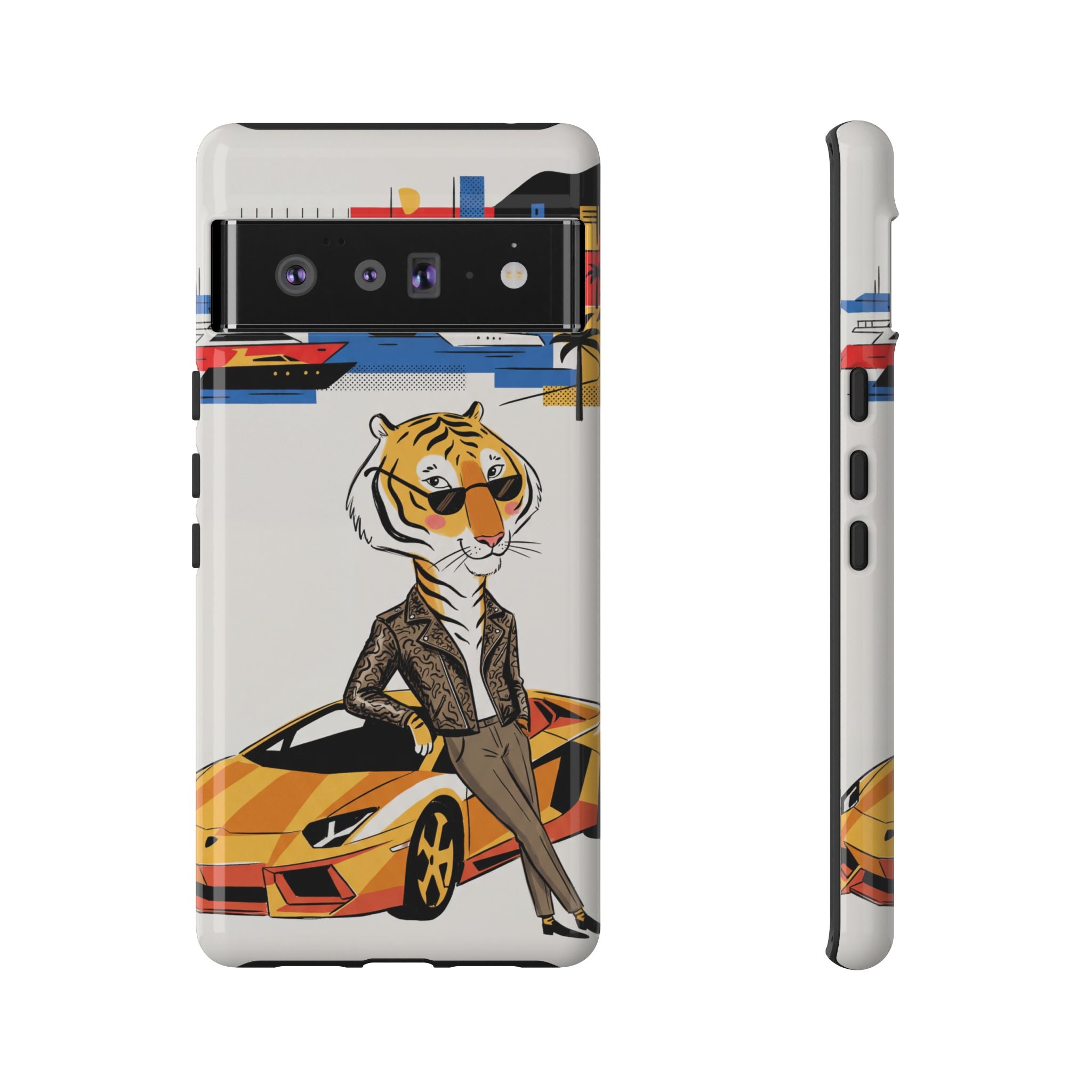 Stylish Tiger with Sports Car Illustration Google Pixel Phone Case
