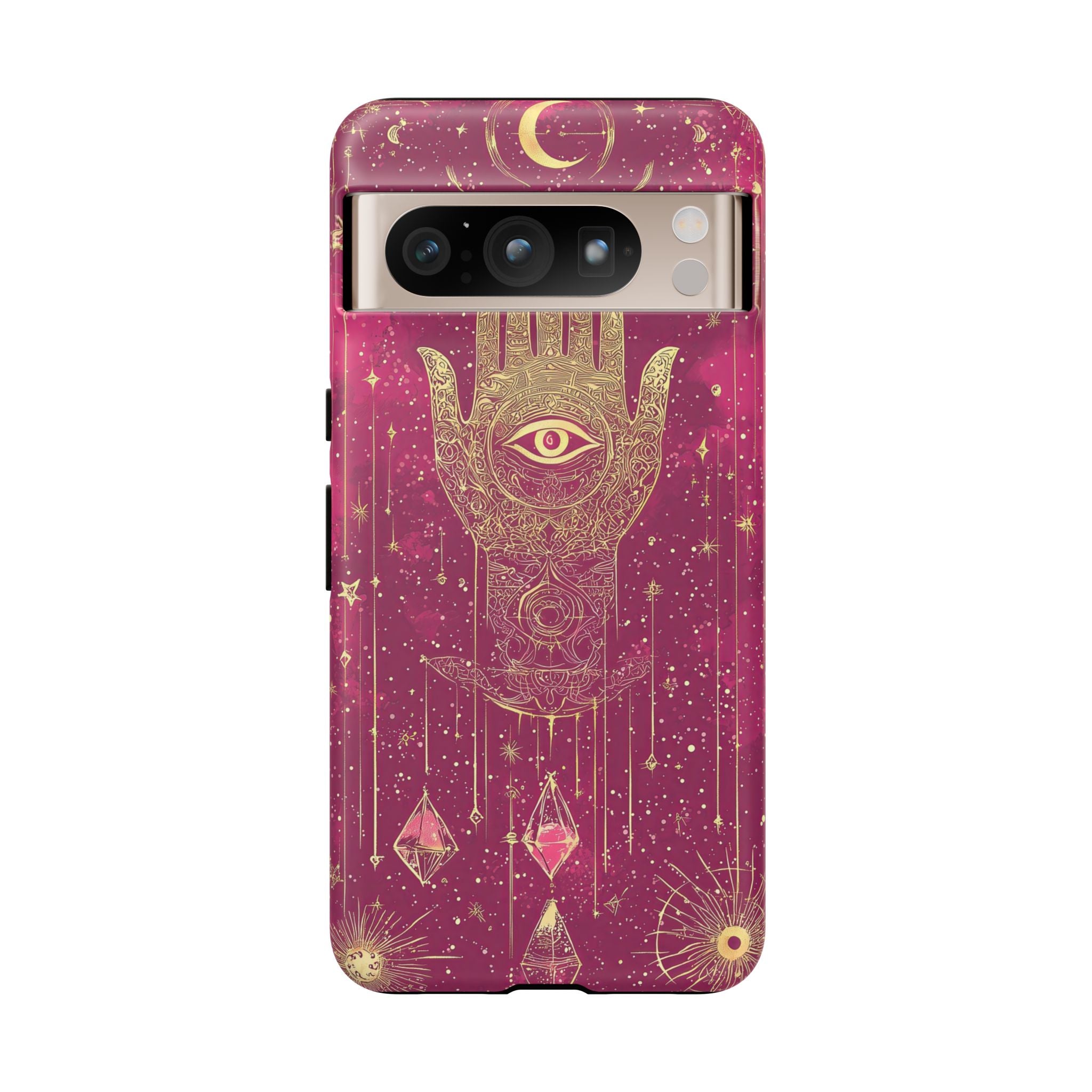 Mystic Hamsa Google Pixel Case | Gold Palm & All-Seeing Eye on Magenta Galaxy