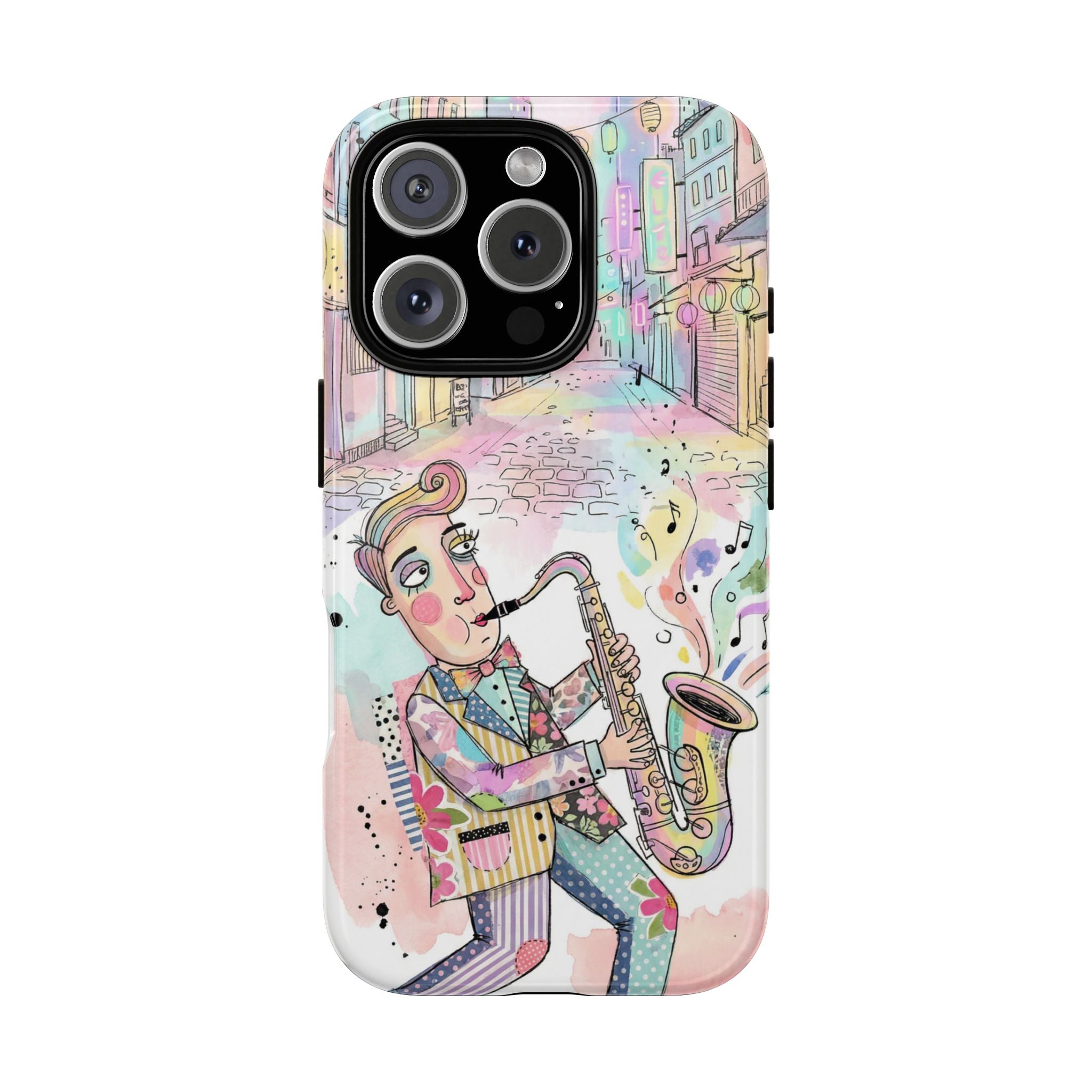 Sax Player Art iPhone Case | Pastel Jazz Street Illustration