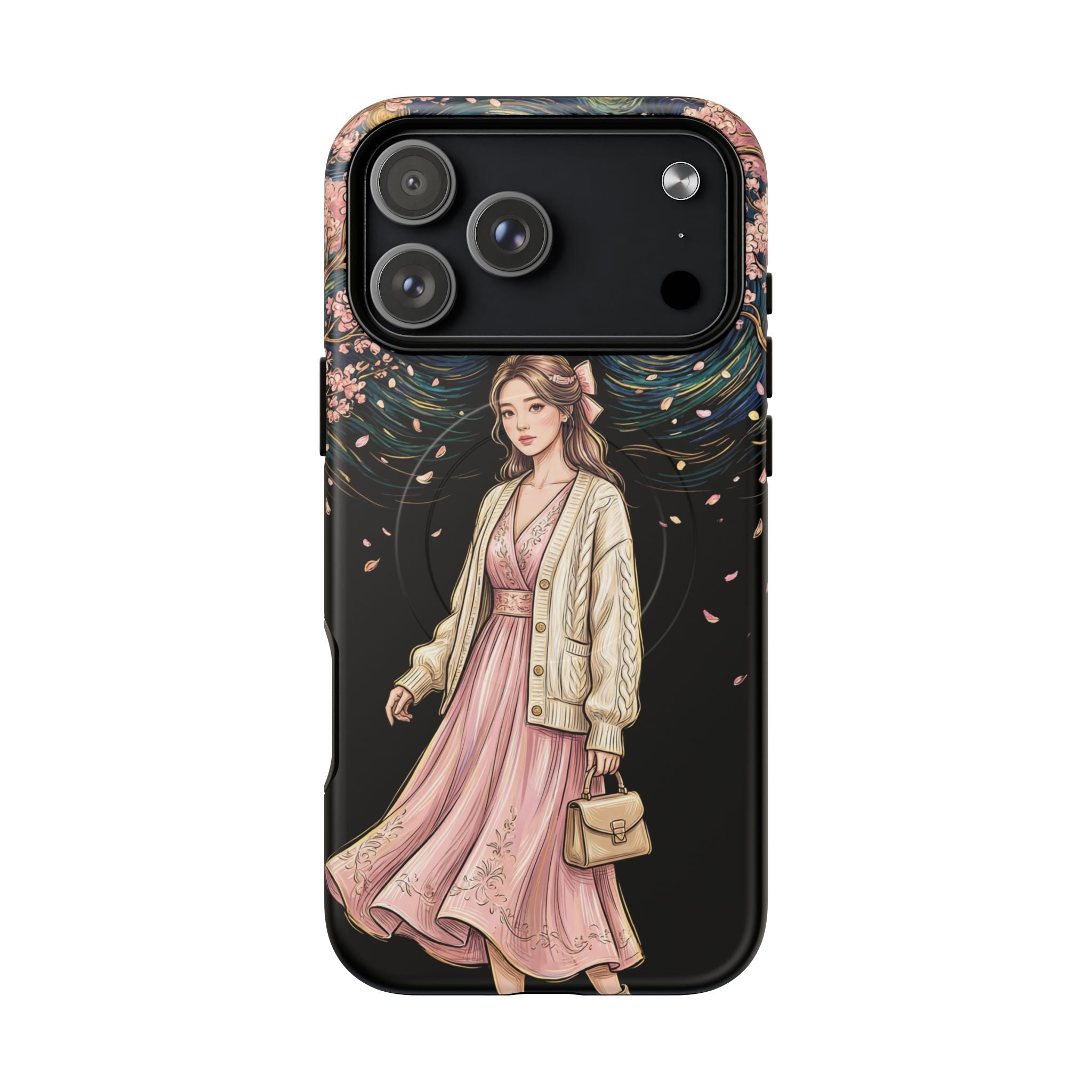 Floral Starry Night MagSafe iPhone Case | Elegant Girl in Pink Dress
