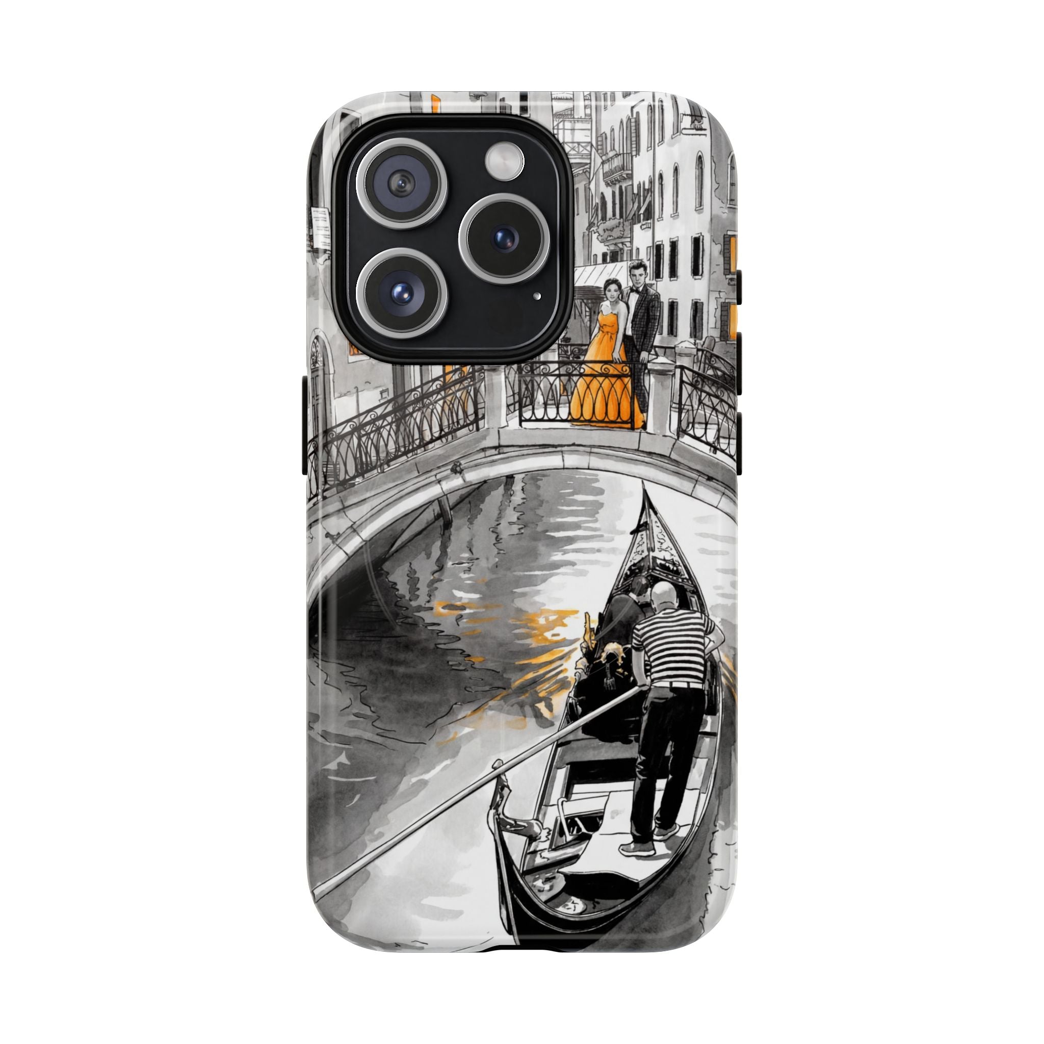 Custodia per iPhone Gondola di Venezia | Custodia MagSafe resistente con motivo schizzo in bianco e nero e dettagli dorati