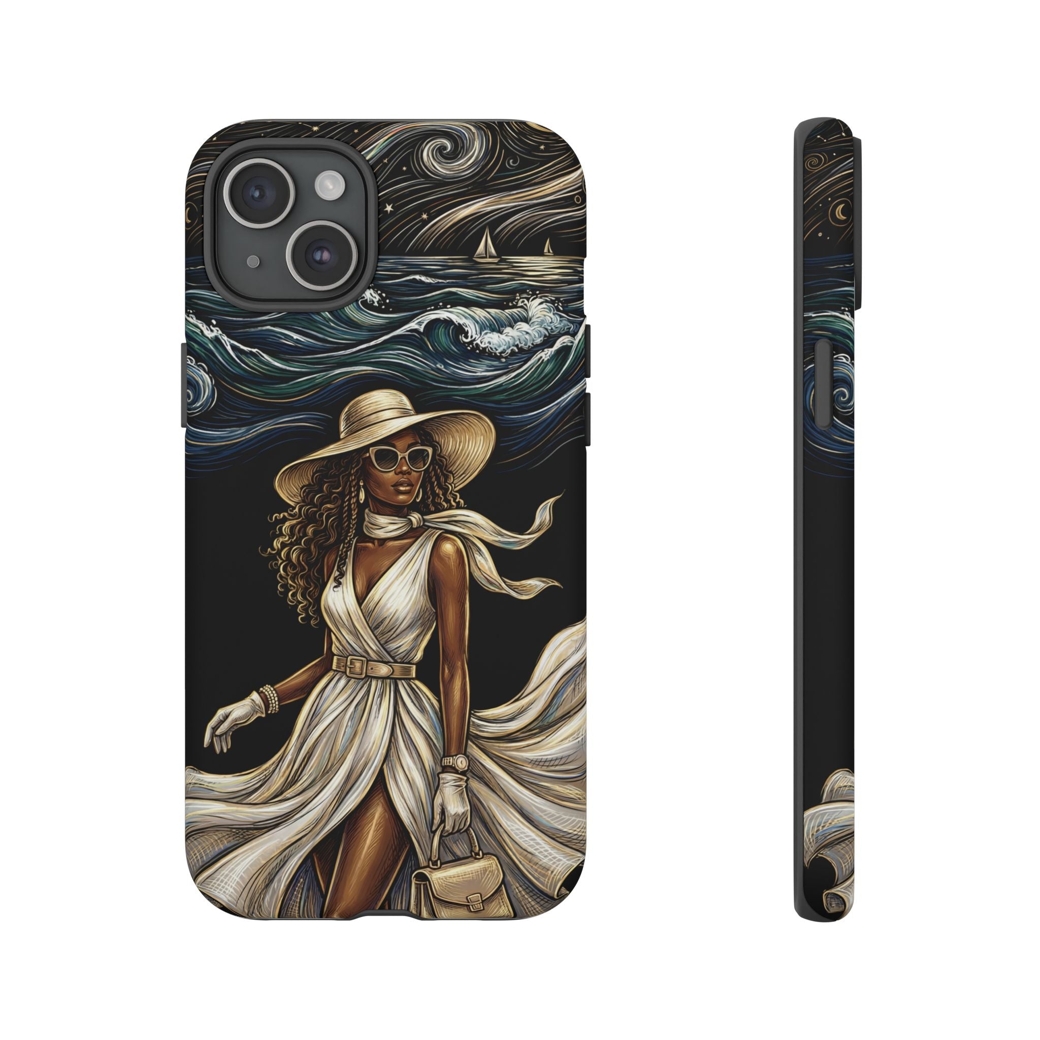 iPhone Case | Elegant Black Woman in Flowing Dress by the Sea