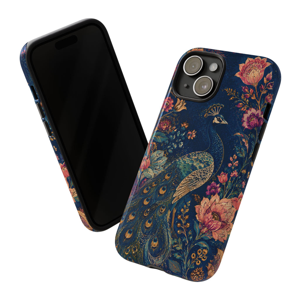 Peacock Floral Tough iPhone Case | Antique Indigo Gold Art Cover