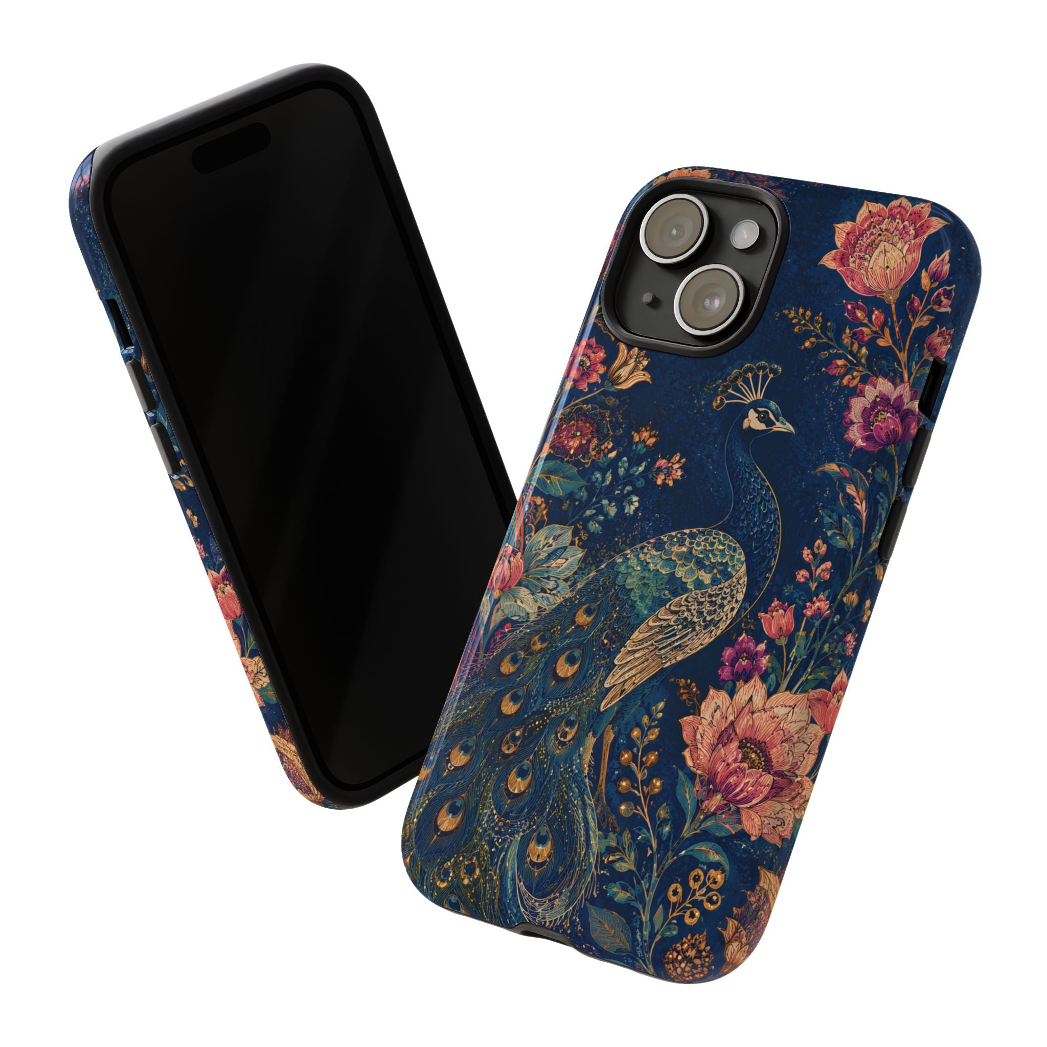Peacock Floral Tough iPhone Case | Antique Indigo Gold Art Cover