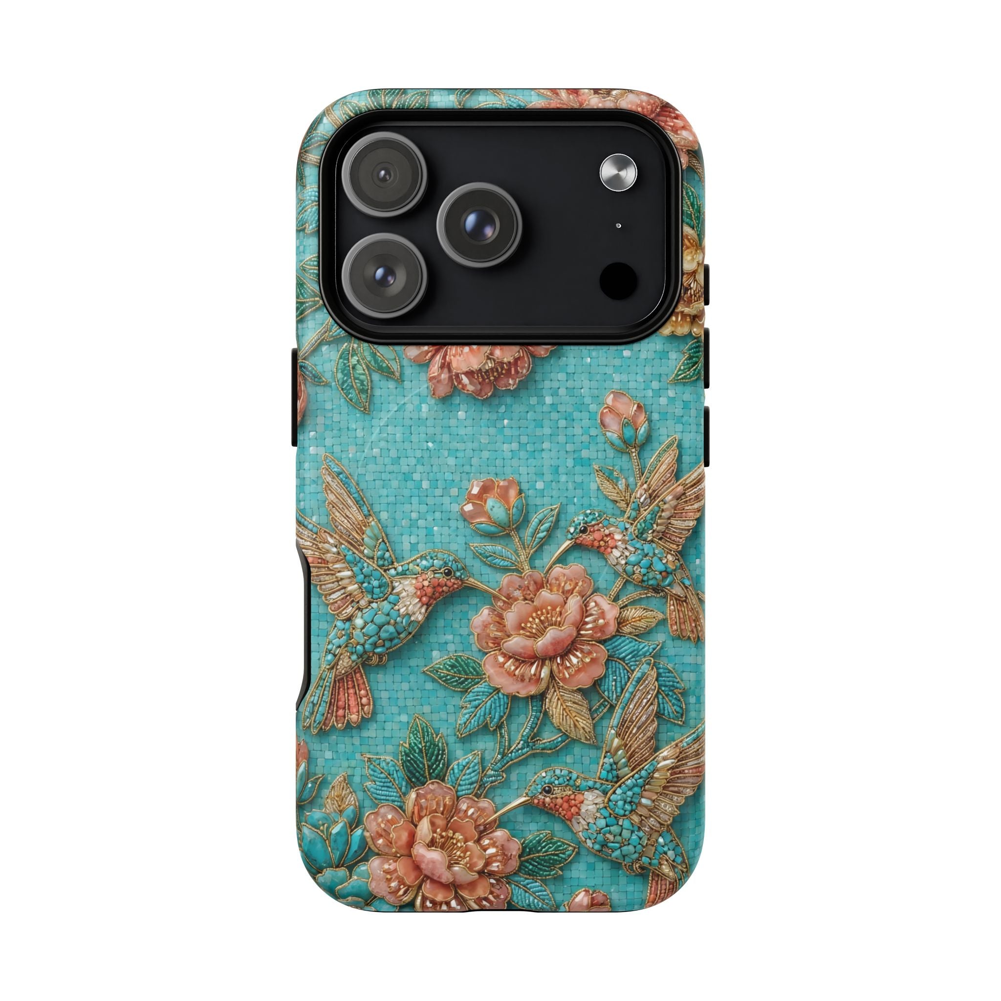 Floral Hummingbird Tough MagSafe iPhone Case | Turquoise Embroidered Garden Design