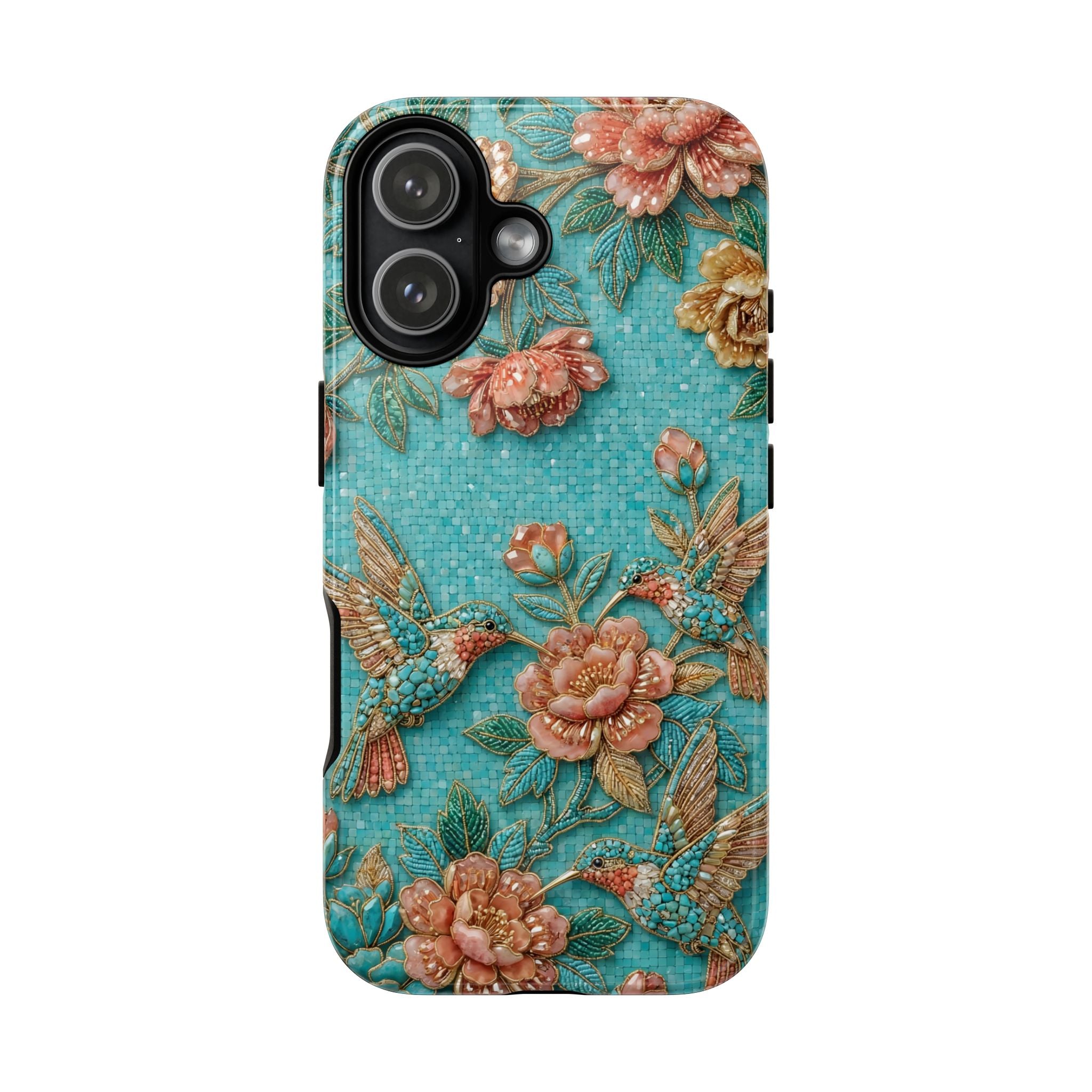 Floral Hummingbird Tough iPhone Case | Turquoise Embroidered Garden Design